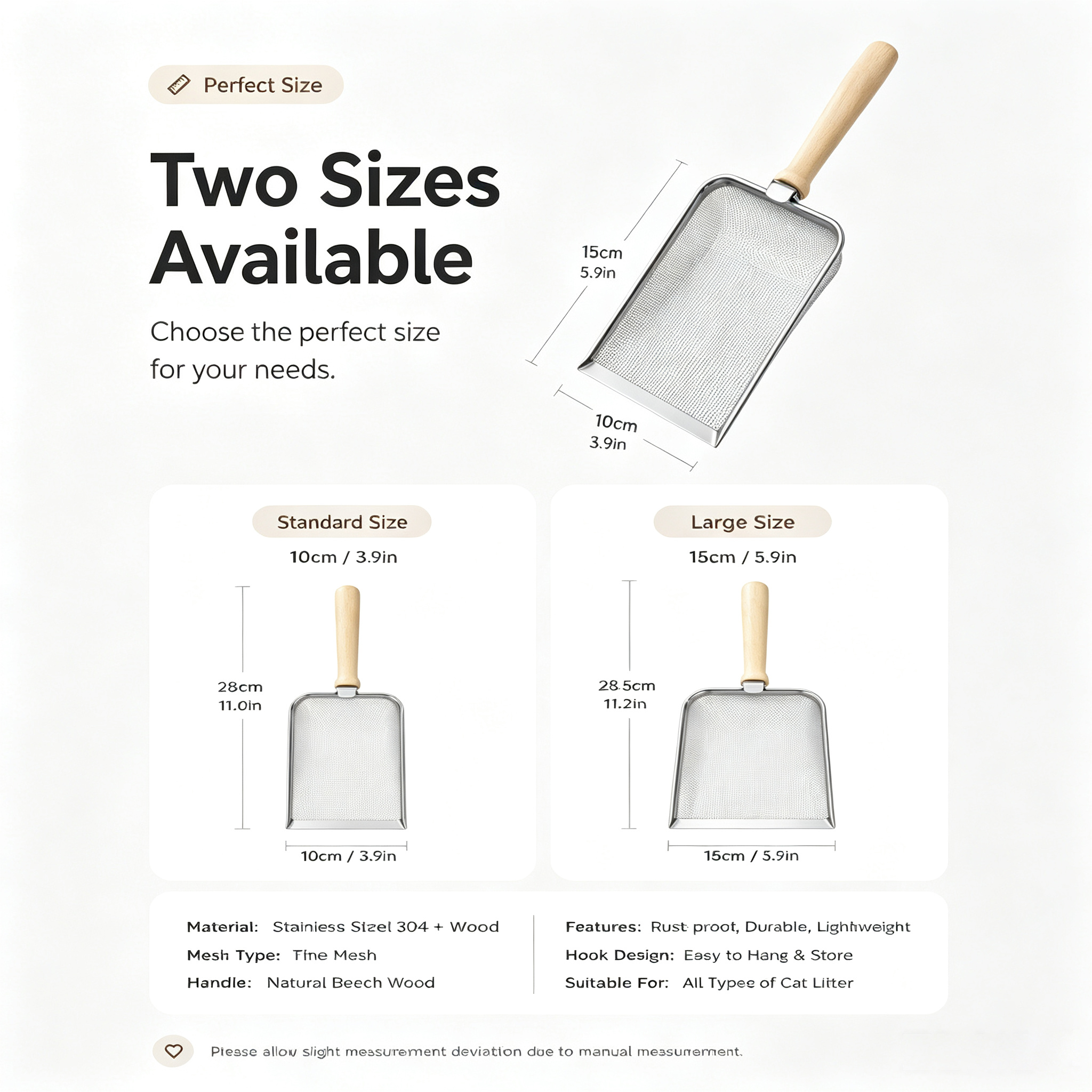 Scoopa de Limpieza para Gatos en Acero Inoxidable con Cernidor de Malla Finamente Tejida, Pala de Litter Durable con Manija Ergonómica de Madera, Herramienta de Limpieza Pesada para Gatos para una Limpieza Fácil — imagen 10