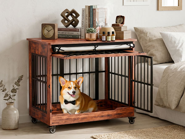 Dog Crate Furniture, Double Door Wooden Indoor Dog Kennel Furniture, Decorative Pet Cage End Table With Wheels For Medium And Small Breed Dogs, Size M, Greige — image 36