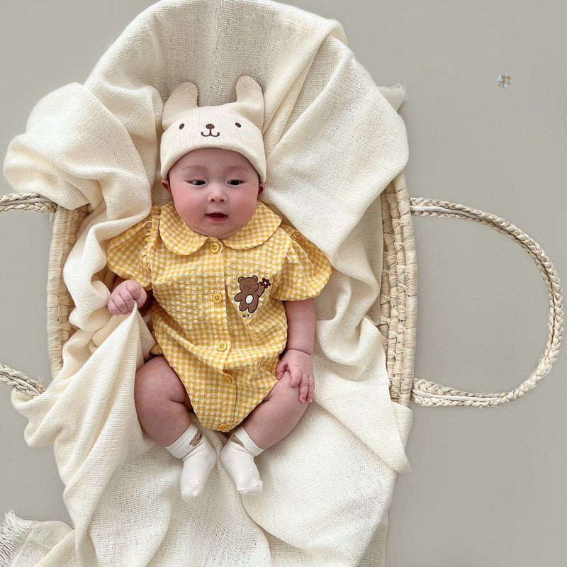 Baby Campus Bear Embroidery Round Neck Plaid Romper — image 3
