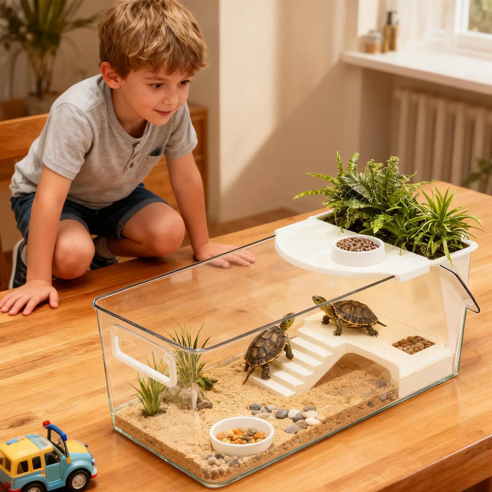 Tanque para Tortugas Grande Terrario con Plataforma de Calentamiento Transparente y Área de Agua Claro y Shallow para Reptil Árbol de Rana — imagen 1