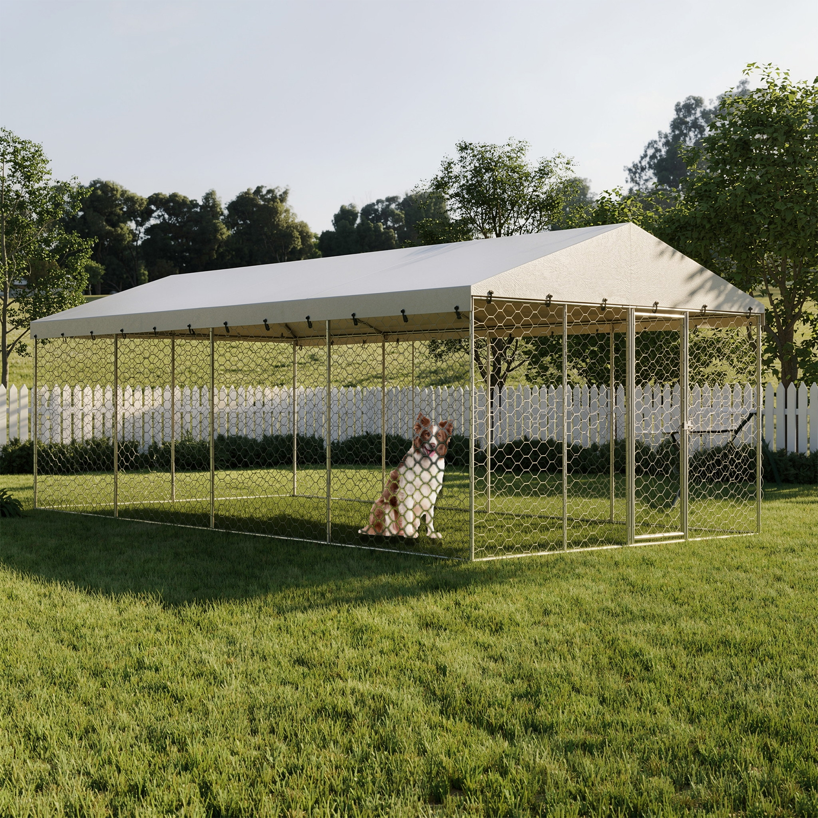 Casa de Perro Al Aire Libre Grande con Techo, Estructura de Acero Galvanizado Resistente, Cubierta Impermeable, Protección Toda el Tiempo, Jaula Segura para Perros Grandes, Multiple Animales — imagen 11