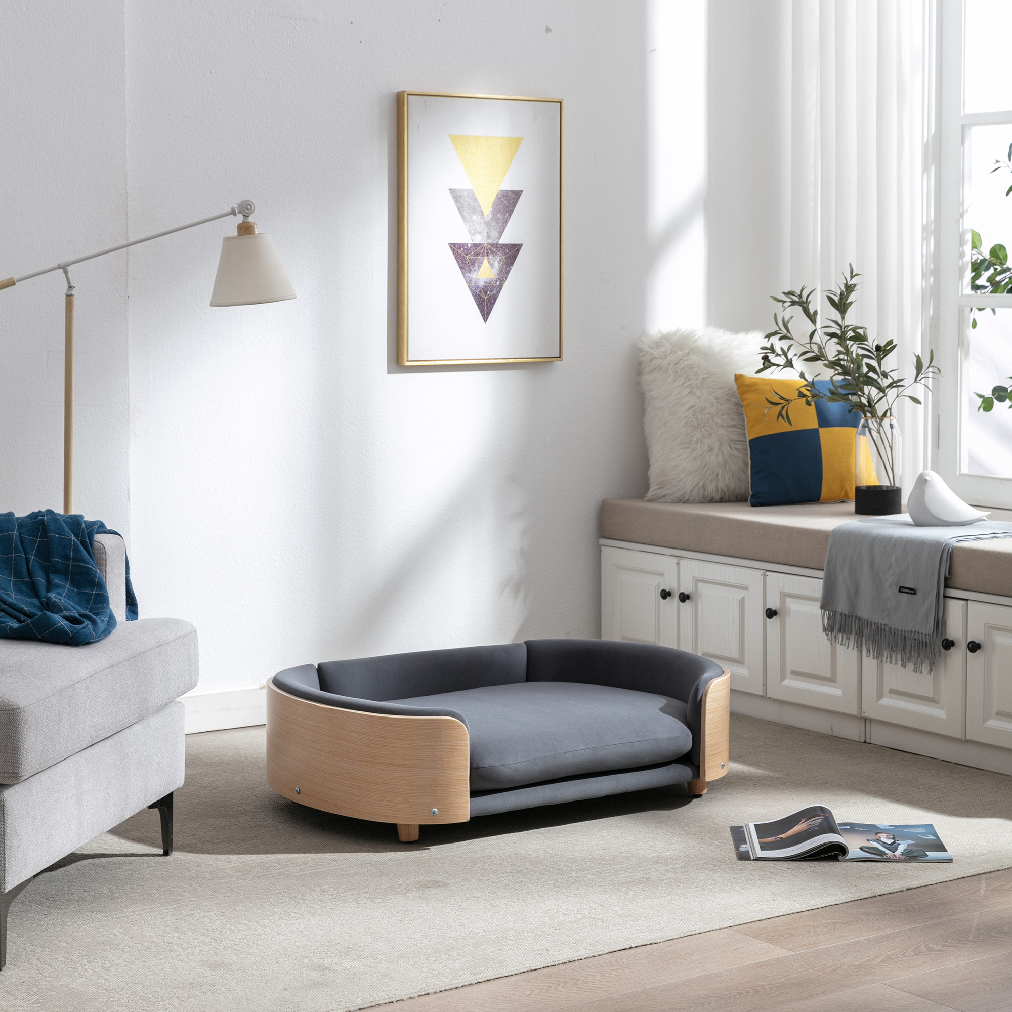 Scandinavian style Elevated Dog Bed Pet Sofa With Solid Wood legs and Bent Wood Back, Velvet Cushion, Large Size — image 14