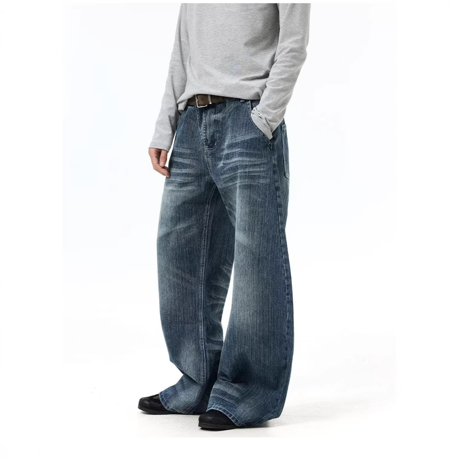 Pantalones de Denim con Ojos de Gato Desgastados y Limpieza — imagen 5
