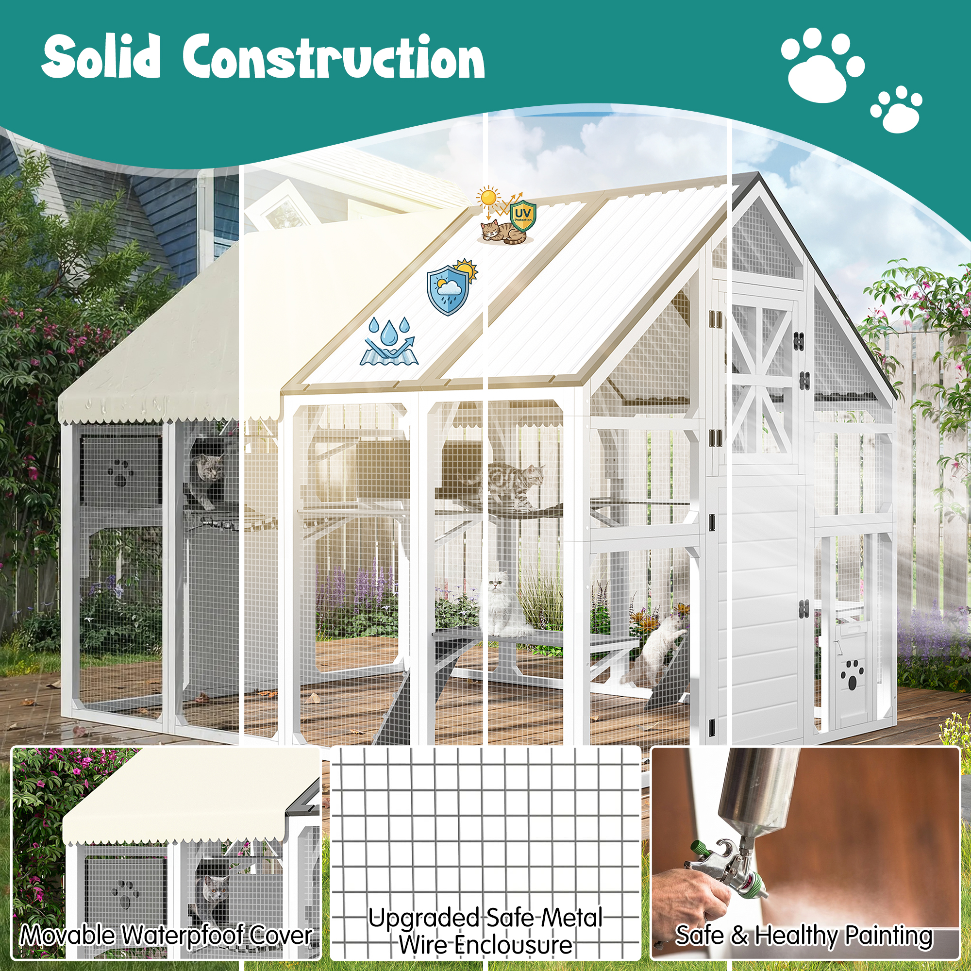 Extra Large Catio Outdoor Cat Enclosure, Walk-in Outdoor Pet House For Multiple Cats, Catio Cat Run Cage With Bridges, PVC Roof, Weatherproof Cover, 8 Platforms, 2 Resting Box, White And Grey — image 4