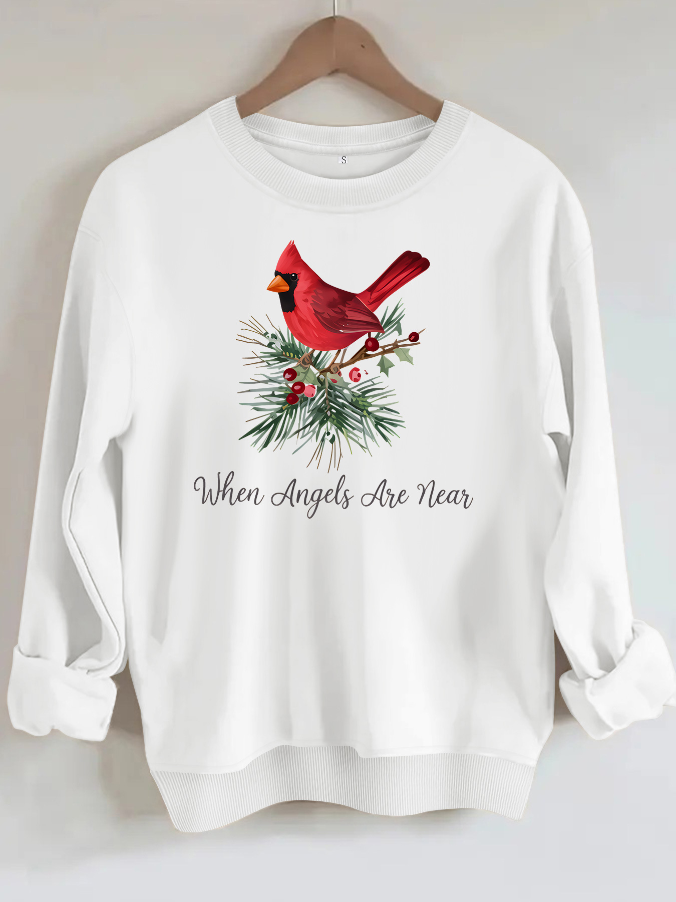 Red bird print round neck fleece hoodie — image 7