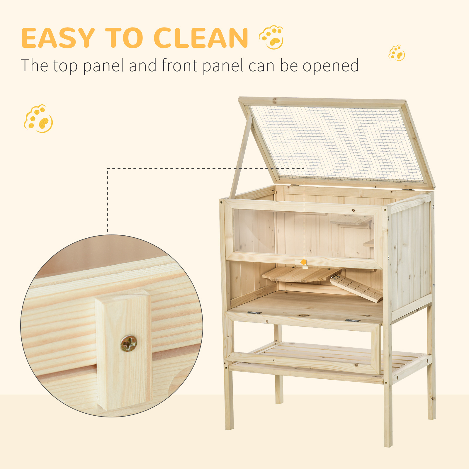 Jaula de Madera para Hámster de 3 Niveles, Jaula para Ratones y Ratas, Conejera para Animales Pequeños con Tapa Abatible, Puerta Frontal y Estante, Madera Natural — imagen 4
