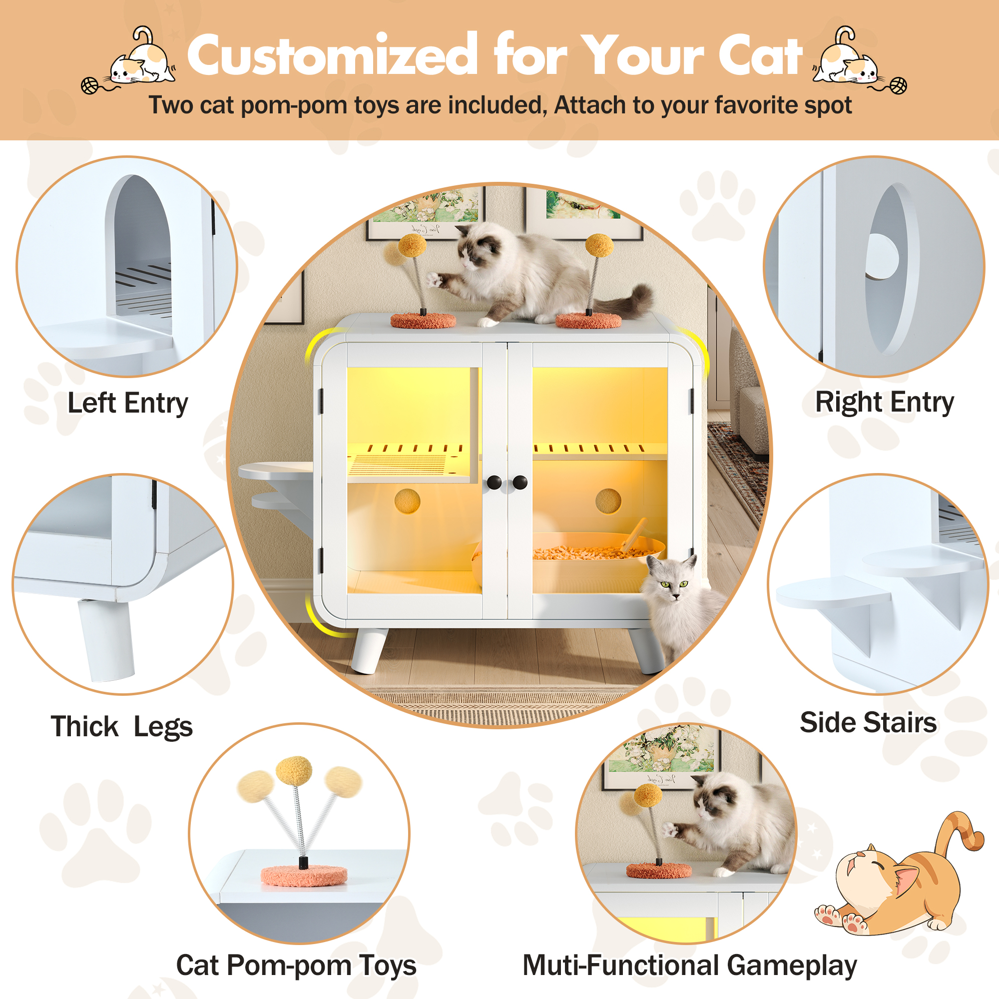 Caja de Limpieza Oculta para Gatos con Luz LED RGB, Casa para Gatos con Escaleras y Juguetes Pom-poms para Diversión, Armario de Baño para Gatos con Paseo Anti-Escamas y Puertas de Vidrio para Mejor Vista, Blanco — imagen 3