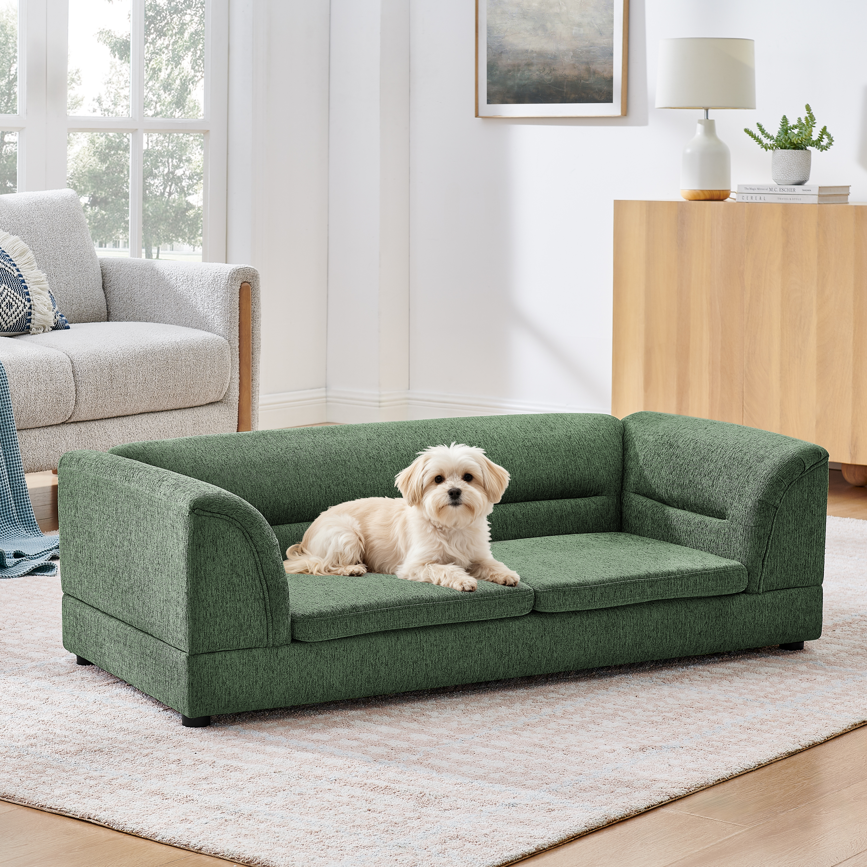 Oversized Pet Sofa, Curved Armrest Rectangular Dog Sofa, Linen Fabric Comfort Pet Couch for Large & Oversized Dogs-Olive Green — image 12