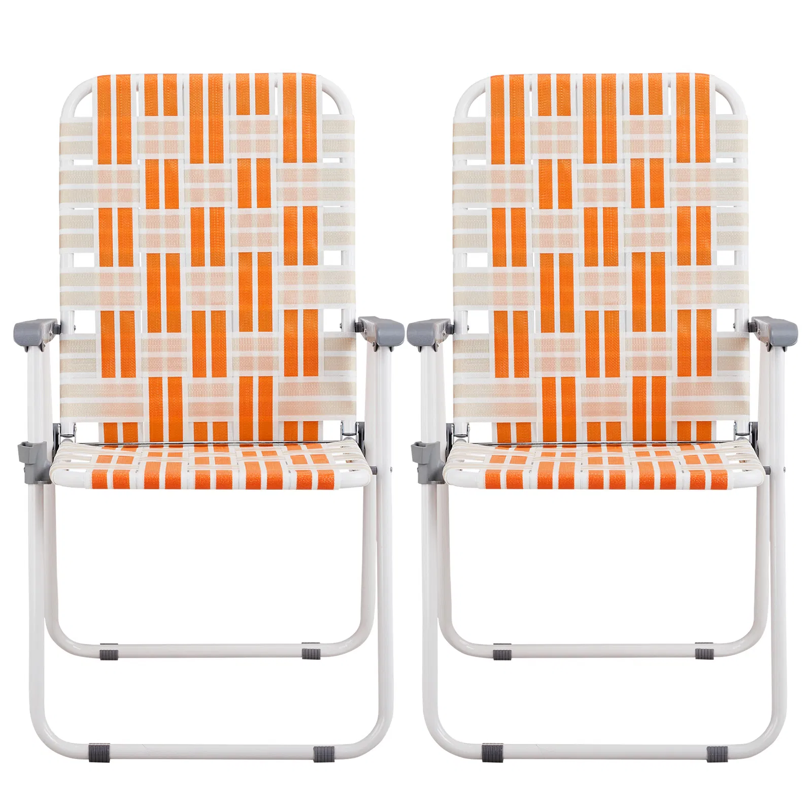 Set of 2 Webbed Folding Beach Chairs, Outdoor Patio Lawn Foldable Chairs for Camping Fishing Yard Poolside BBQ, Orange & White — image 3