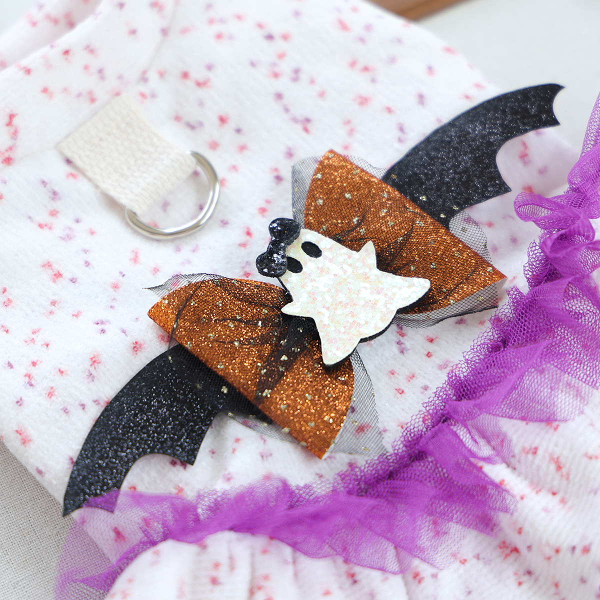 Ghost Bat Halloween Pet Tulle Dress with Leash for Small Cats and Dogs, Purple Mesh Costume for Festival Party — image 4
