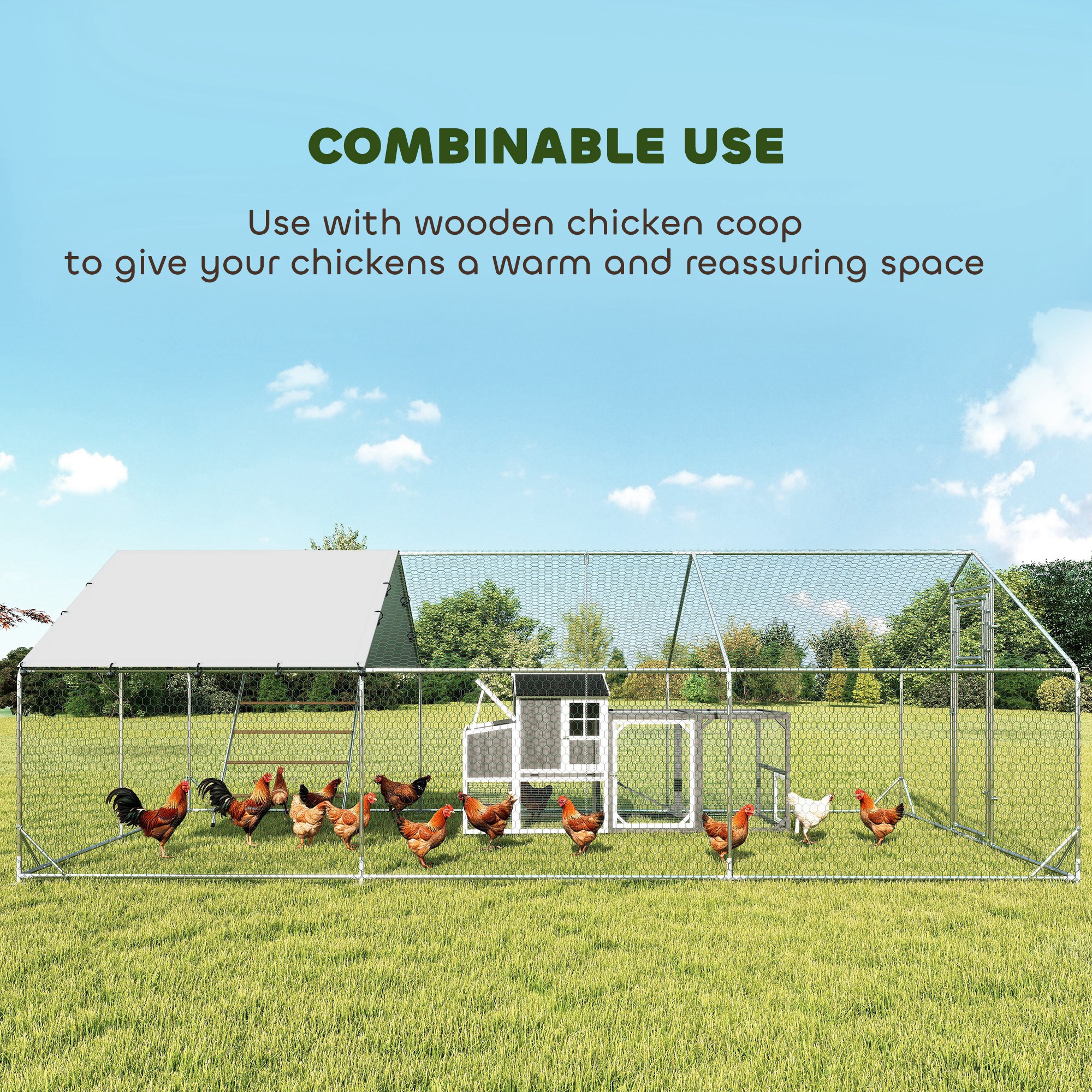 Cobertizo de Pollos Metálico con Cubierta Impermeable y Resistente a UV, Puerta de Alimentación, Comedor Suspendido, para 18-24 Pollos, 9.8 x 19.7 x 6.4 — imagen 3