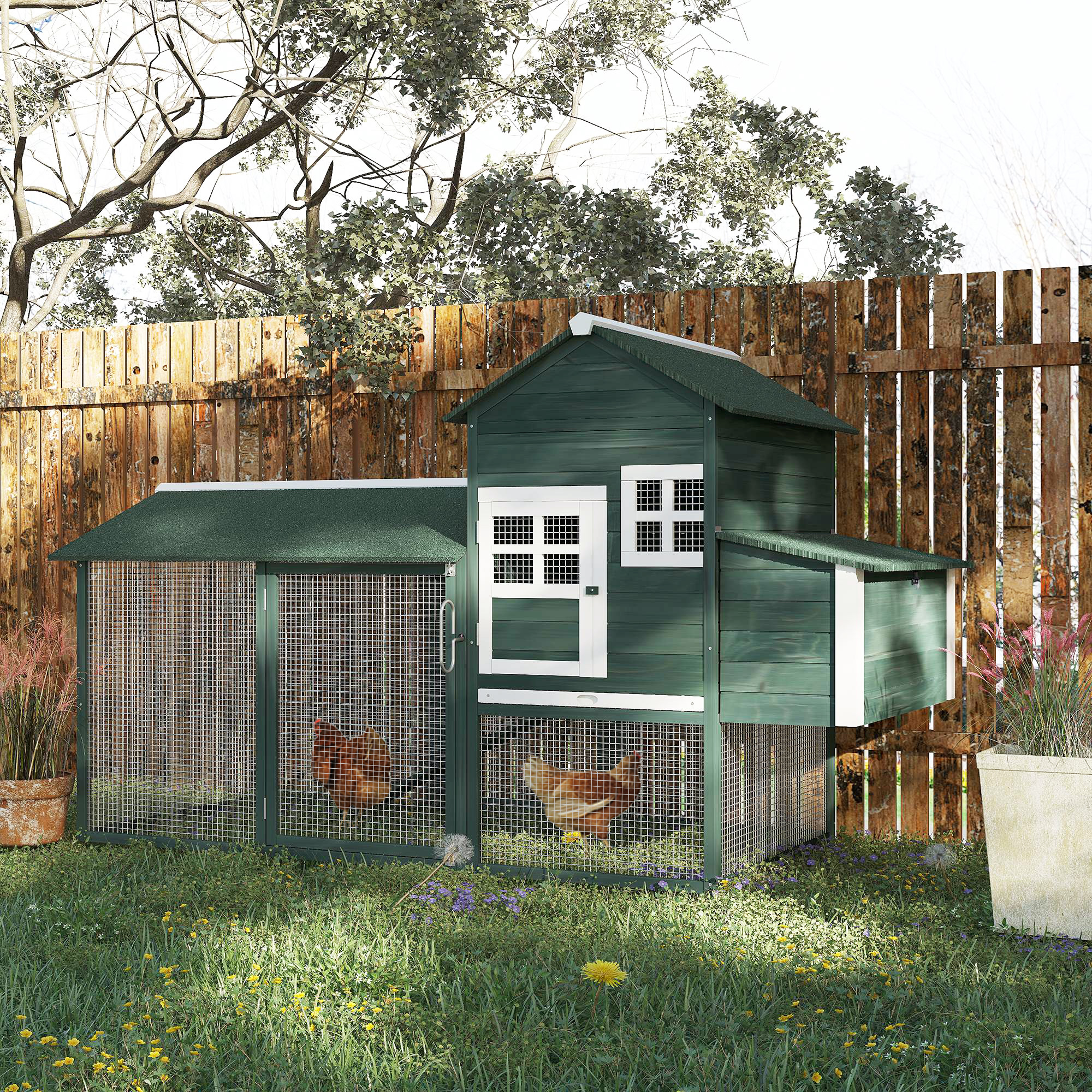 Gallinero de Madera de 84", Casa para Gallinas de Exterior con Corral y Nido, Techo de Asfalto, Bandeja Extraíble, Rampa, Jaula para Aves para 2-3 Gallinas, Verde — imagen 1