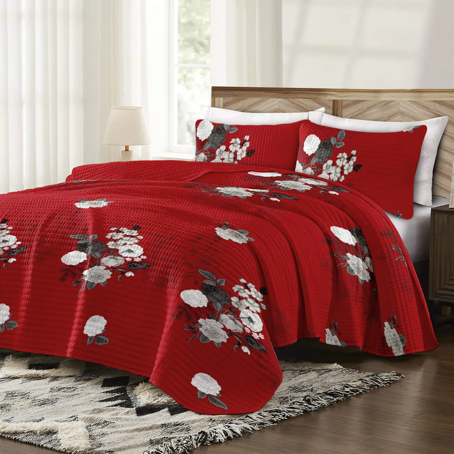 9-Piece Burgundy Red Floral Bedding & Curtain Combo Set, Vibrant Crimson Quilted Bedspread with 6 Light Filtering Window Panels & 2 Shams, Easy Care Microfiber Coverlet, Pet Friendly — image 8