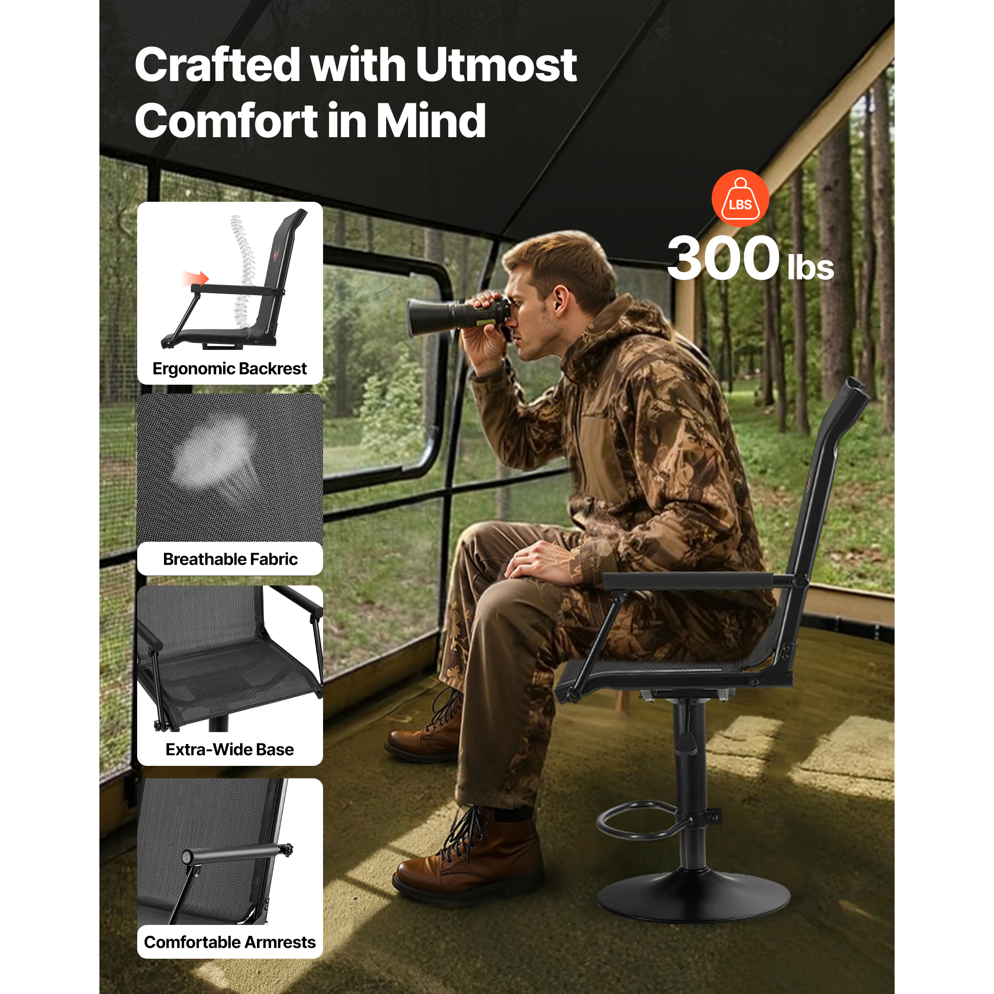 Silla de Caza, Giratorio Silencioso 360°, Silla Ligera para Cazadores, Estructura de Acero Pesado con Asiento en Tierra, Con Almohadillas de Brazo, Ajustable de Altura, Capacidad 136 kg, Para Pescar al Aire Libre y Camping — imagen 4