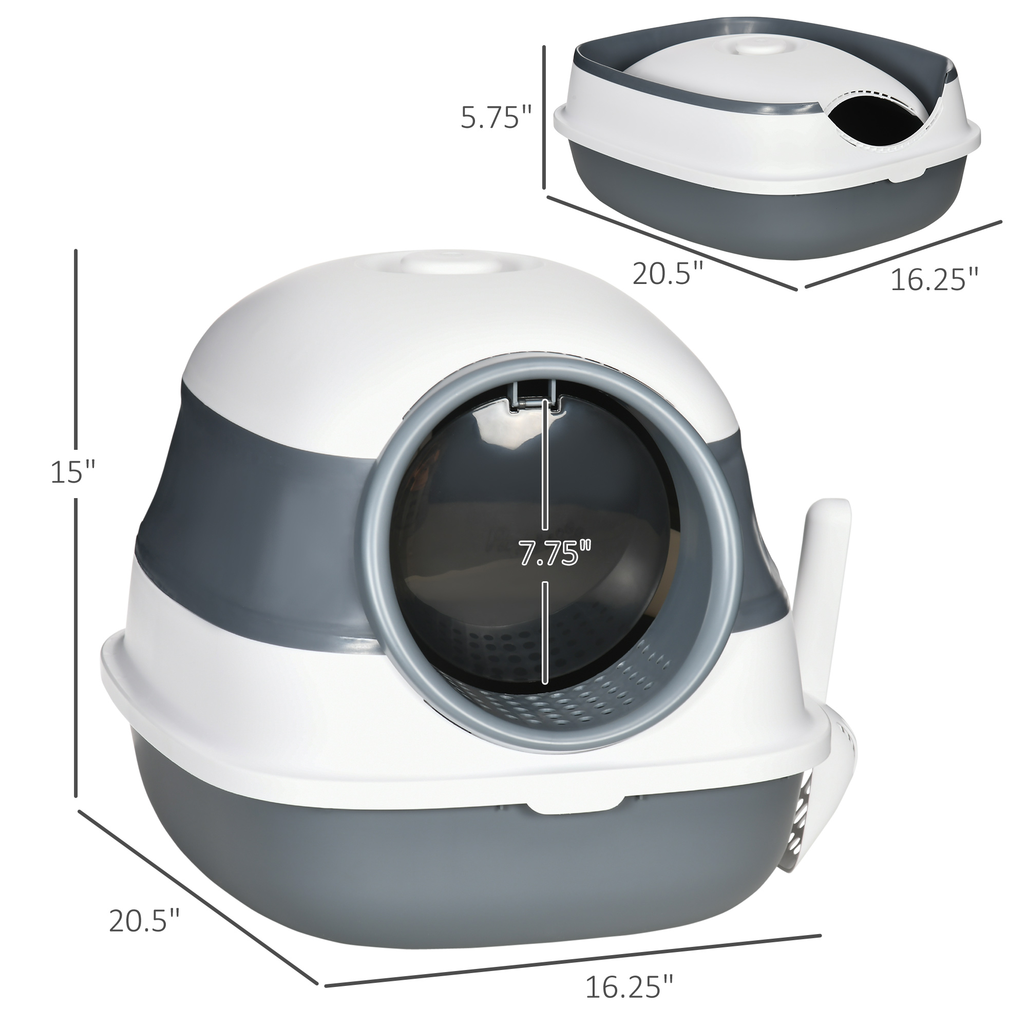 Dome Covered Cat Litter Box With Lid, White And Gray — imagen 4