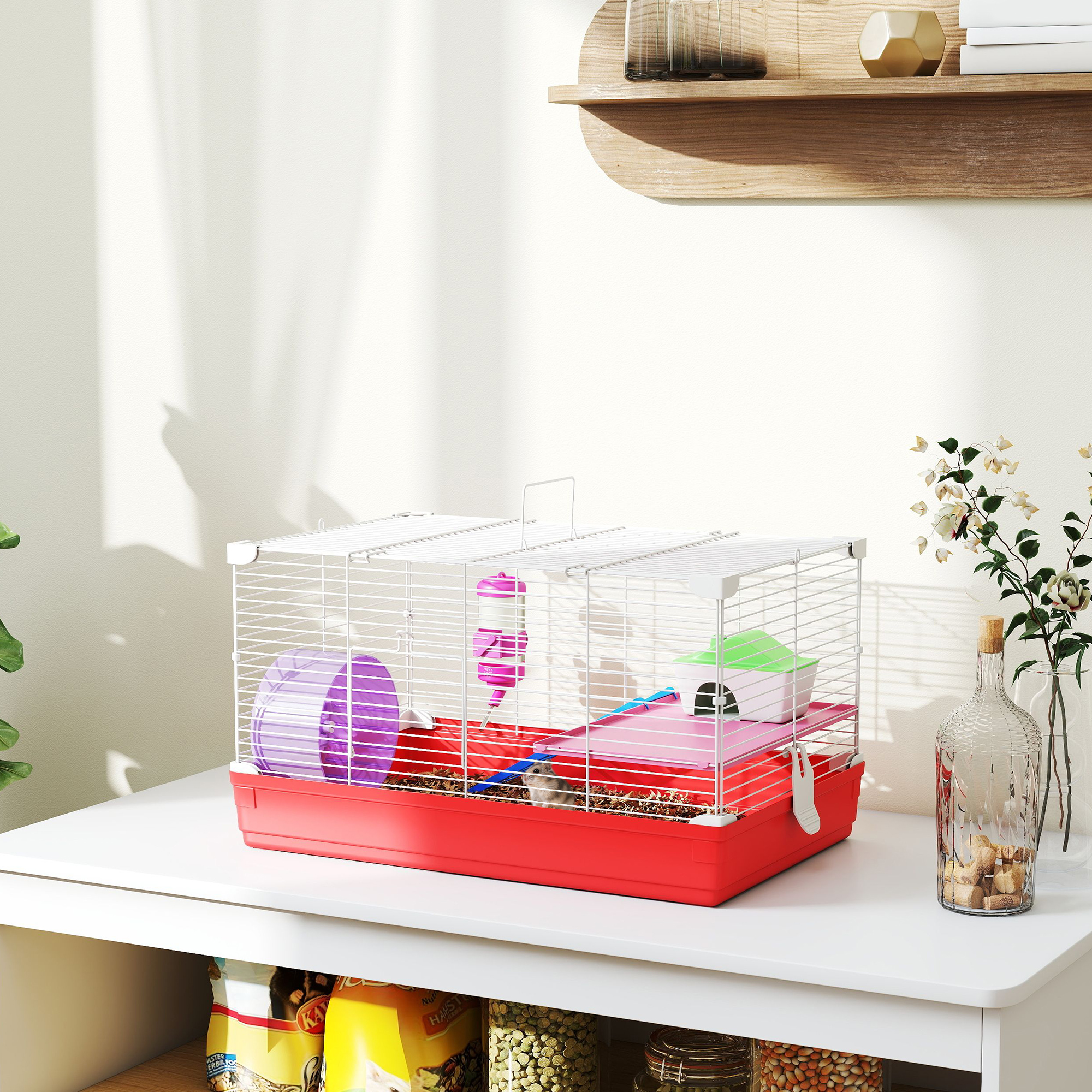 Caja para Hamsters de 46.7 cm con Rueda de Ejercicio y Botella de Agua, Plato, Casa para Ratones y Hábitat Diseño de 2 Plantas Rojo — imagen 6