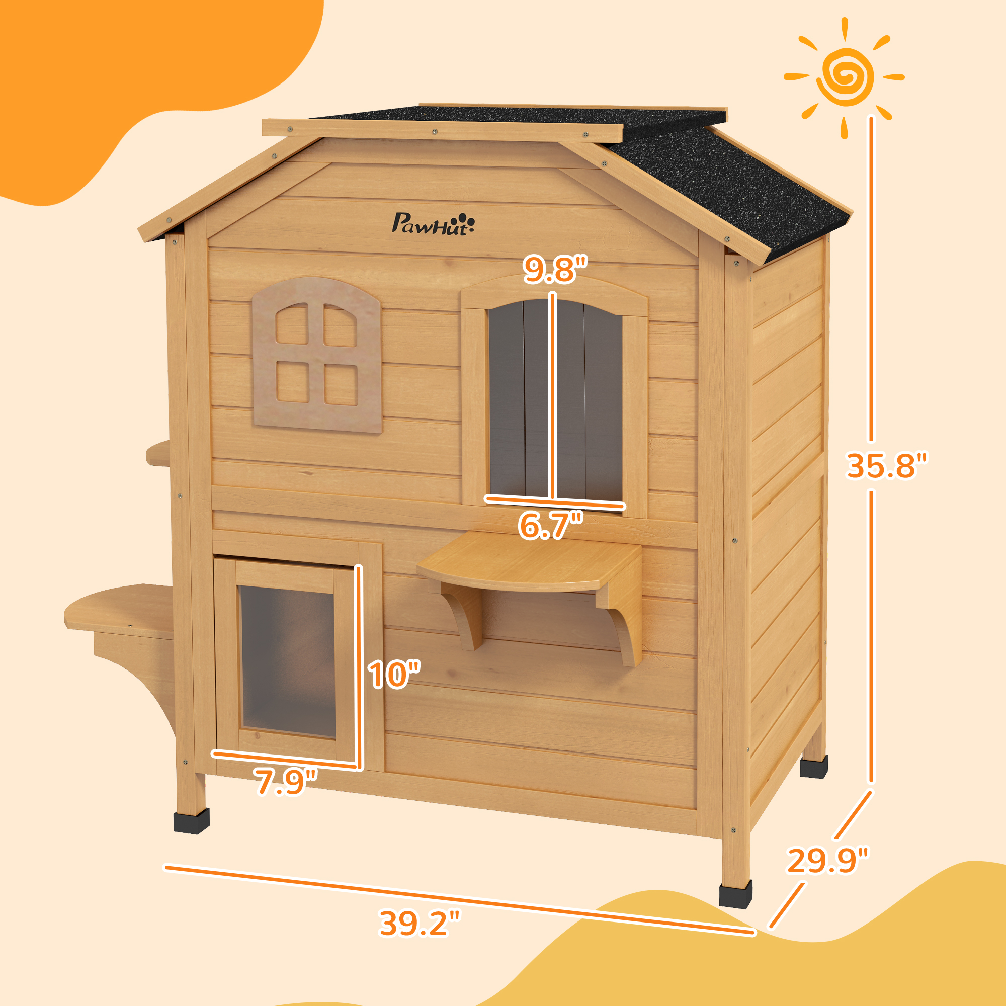 Casa Para Gatos Exterior de 2 Pisos, Recinto de Madera Resistente a la Intemperie Para Gatos Callejeros Con Puerta de Escape, Techo Abatible y Plataformas Para Saltar, Natural — imagen 3