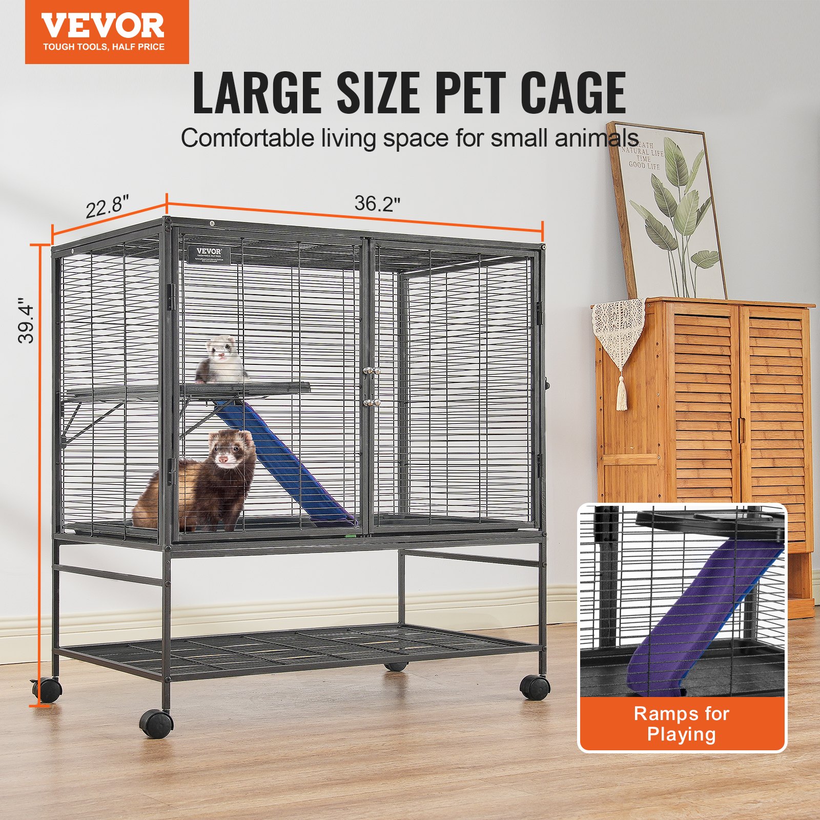 39' Metal Small Animal Cage 2-Tier Rolling Ferret Cage With Tray A Ramp — imagen 4