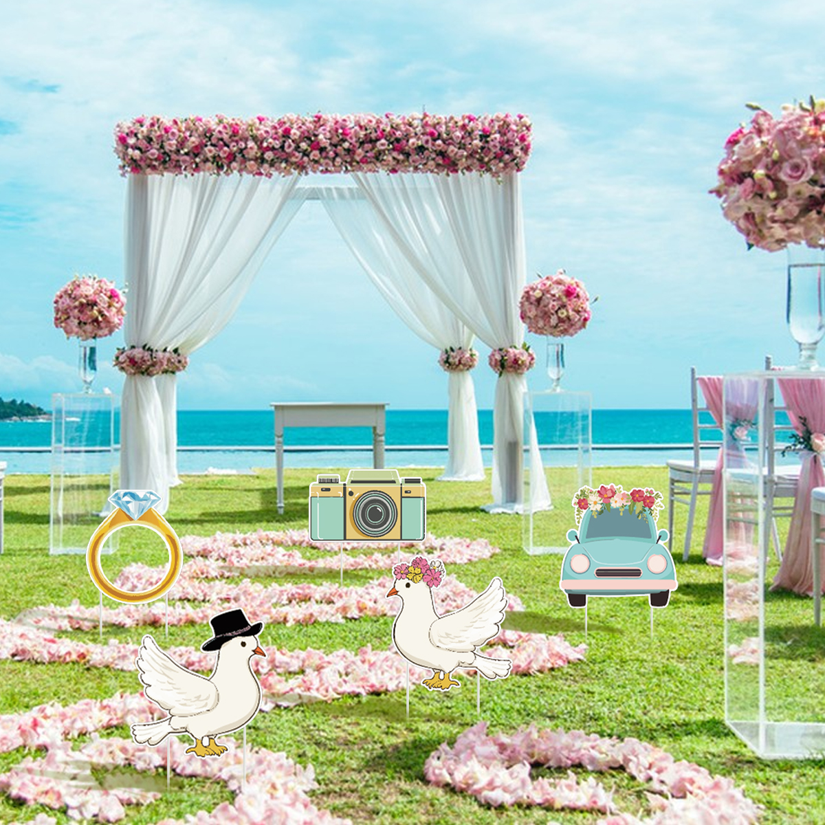 5 Piezas de Letreros de Jardín para Fiesta de Bodas con Estacas, Diseño de Paloma, Anillo y Cámara, Decoración de Camino, Letrero de Bienvenida de Plástico para Recepción, Grandes Accesorios de Fondo para Photo Booth de Despedida de Soltera, para Bodas P — imagen 6