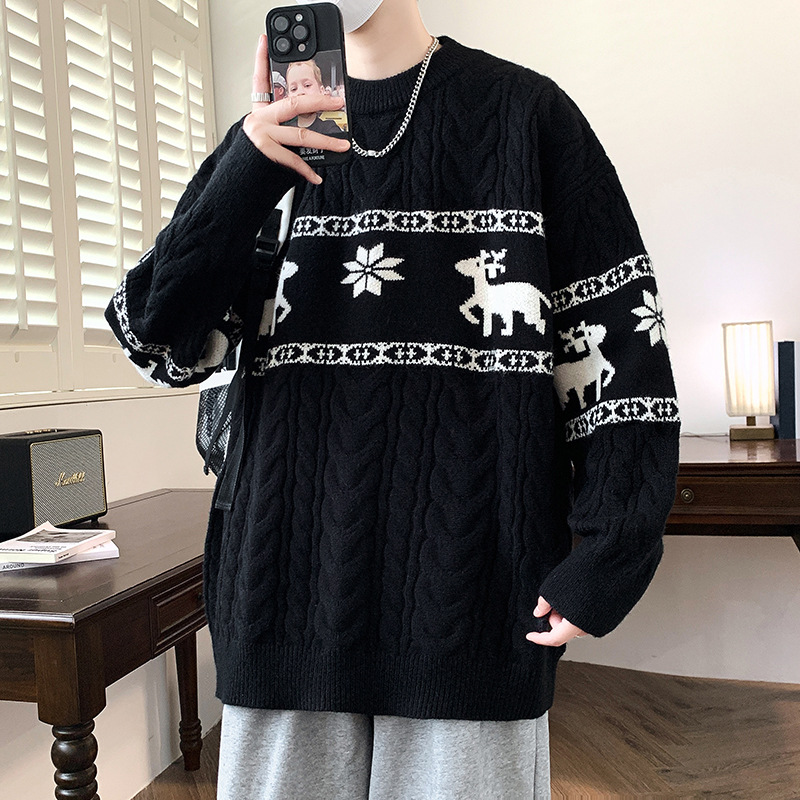 Thickened Casual Pullover Sweater with Jacquard Reindeer Pattern and Cable Knit Design — image 3