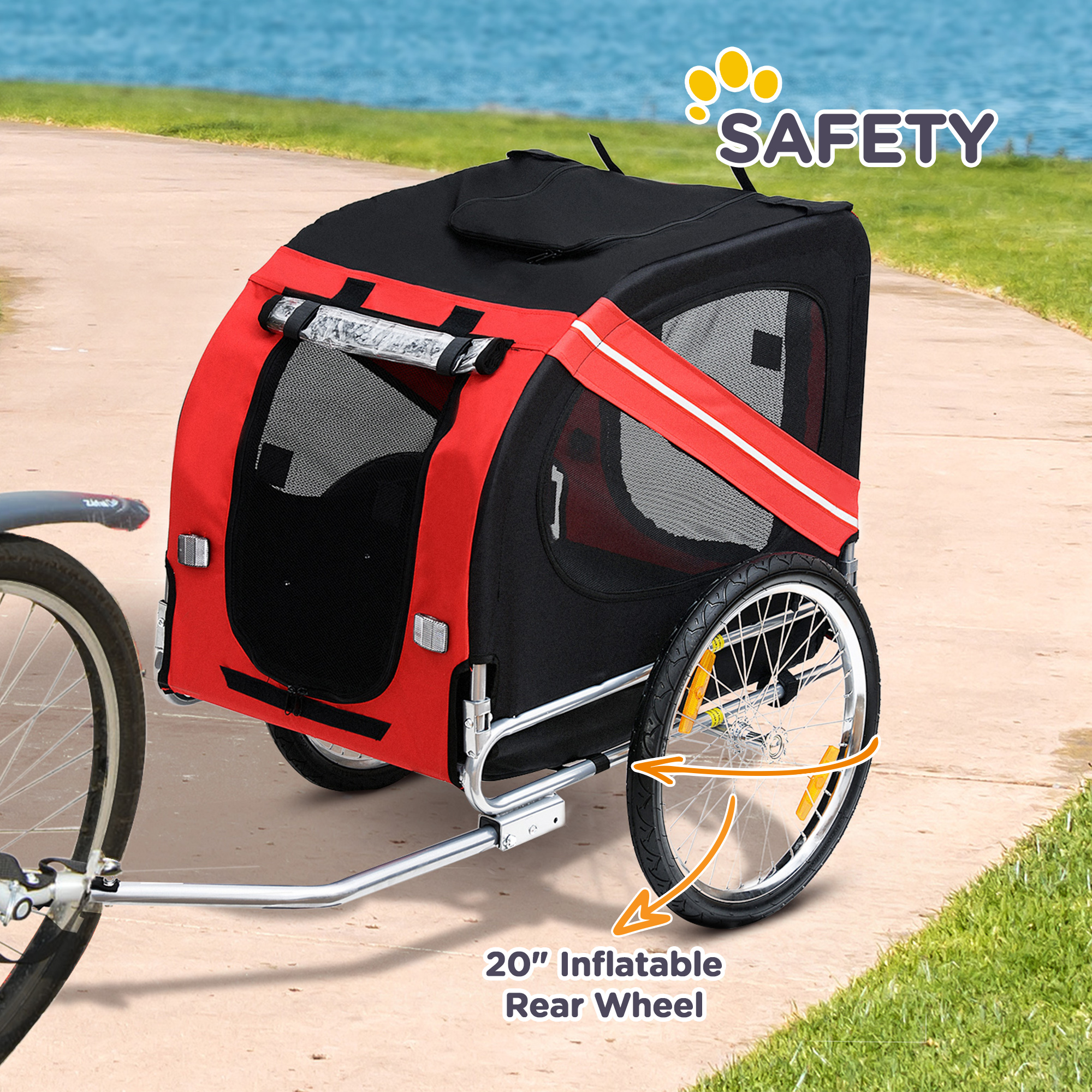 Dog Bike Trailer, Pet Wagon Bicycle Trailer with Easy Folding Cart Frame, 20" Large Rubber Wheels, 3 Entrances, Mesh Screen, Pet Bike Trailer for Off-Road & Travel, Red and Black — imagen 3
