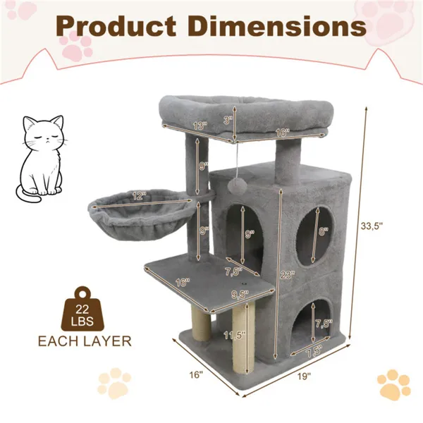Árbol de Gatos Gris Claro 33.5" con Niveles Múltiples, Condo de 2 Niveles, Postes de Rastrillado de Sisal y Dispositivo Antiderrumbe para Gatos — imagen 2