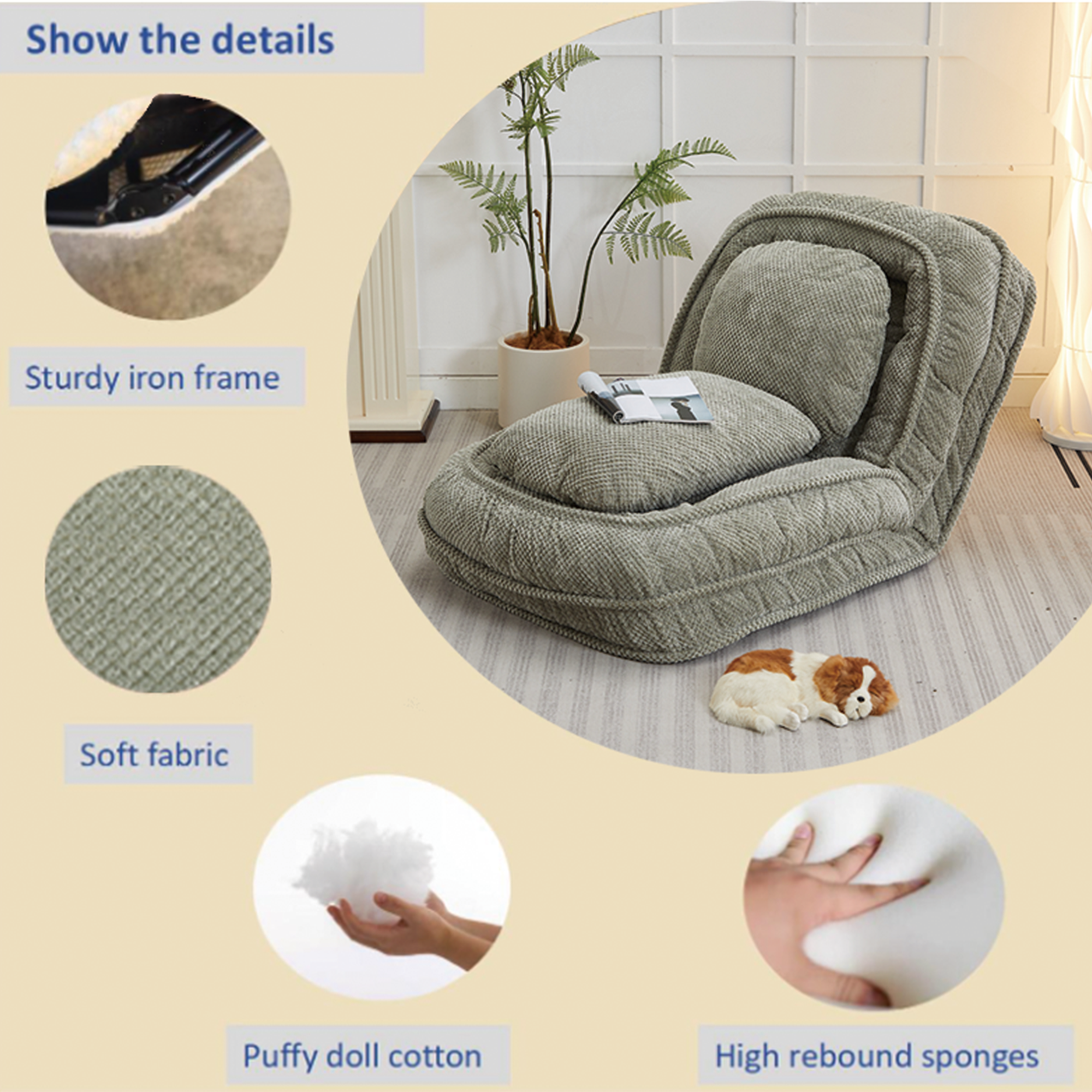 Cama para Perros Humano, Sofá Relajante 5 Posiciones Ajustables, sentarse, dormir, plegar, ideal para sala de estar, dormitorio, Diseño Ahorrador de Espacio Verde — imagen 6