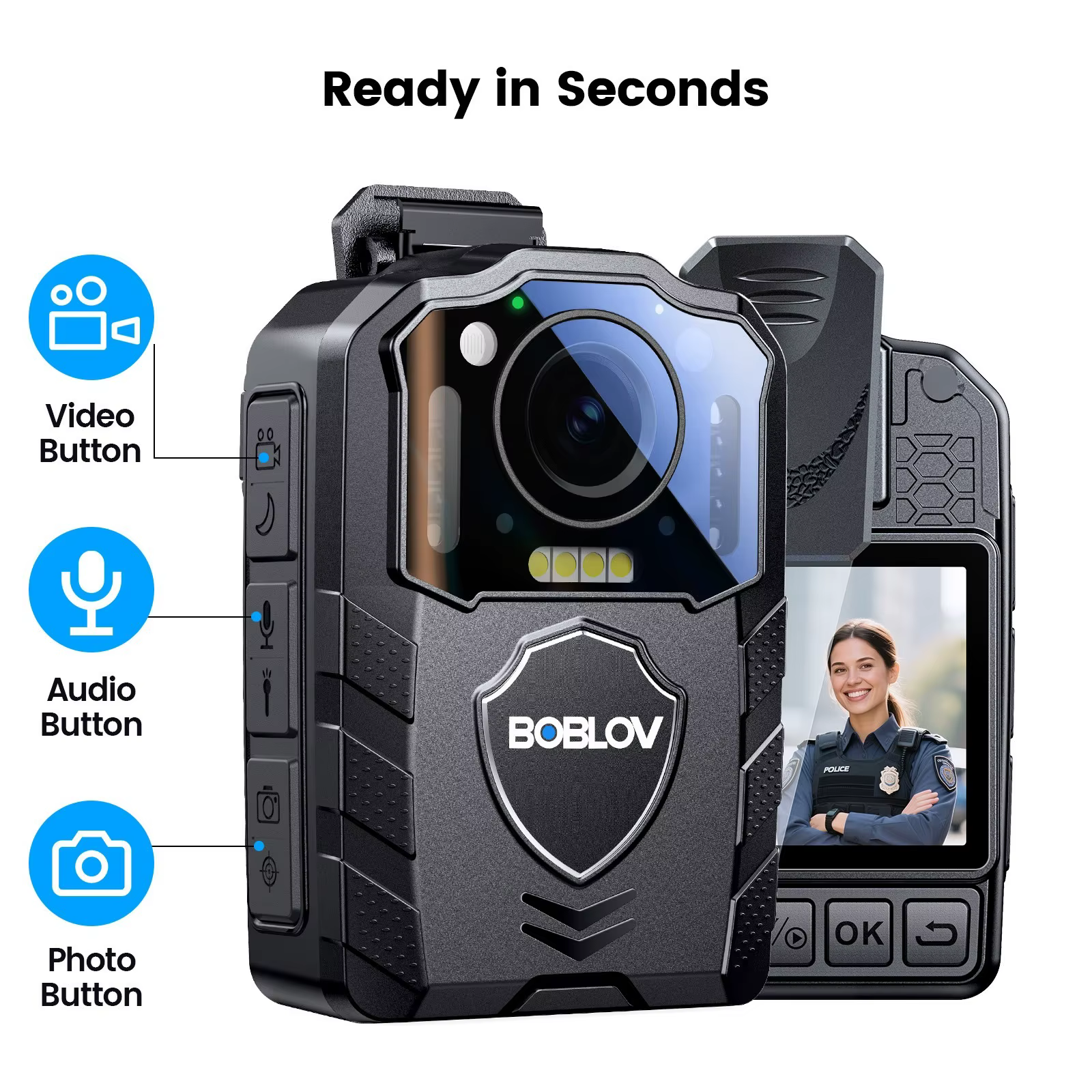 BOBLOV KJ25 1080P Body Camera 10-13H Battery Night Vision Body Cam 3000mAh Battery Built In Light For Hiking Delivery Law Enforcement And Pet Walking
