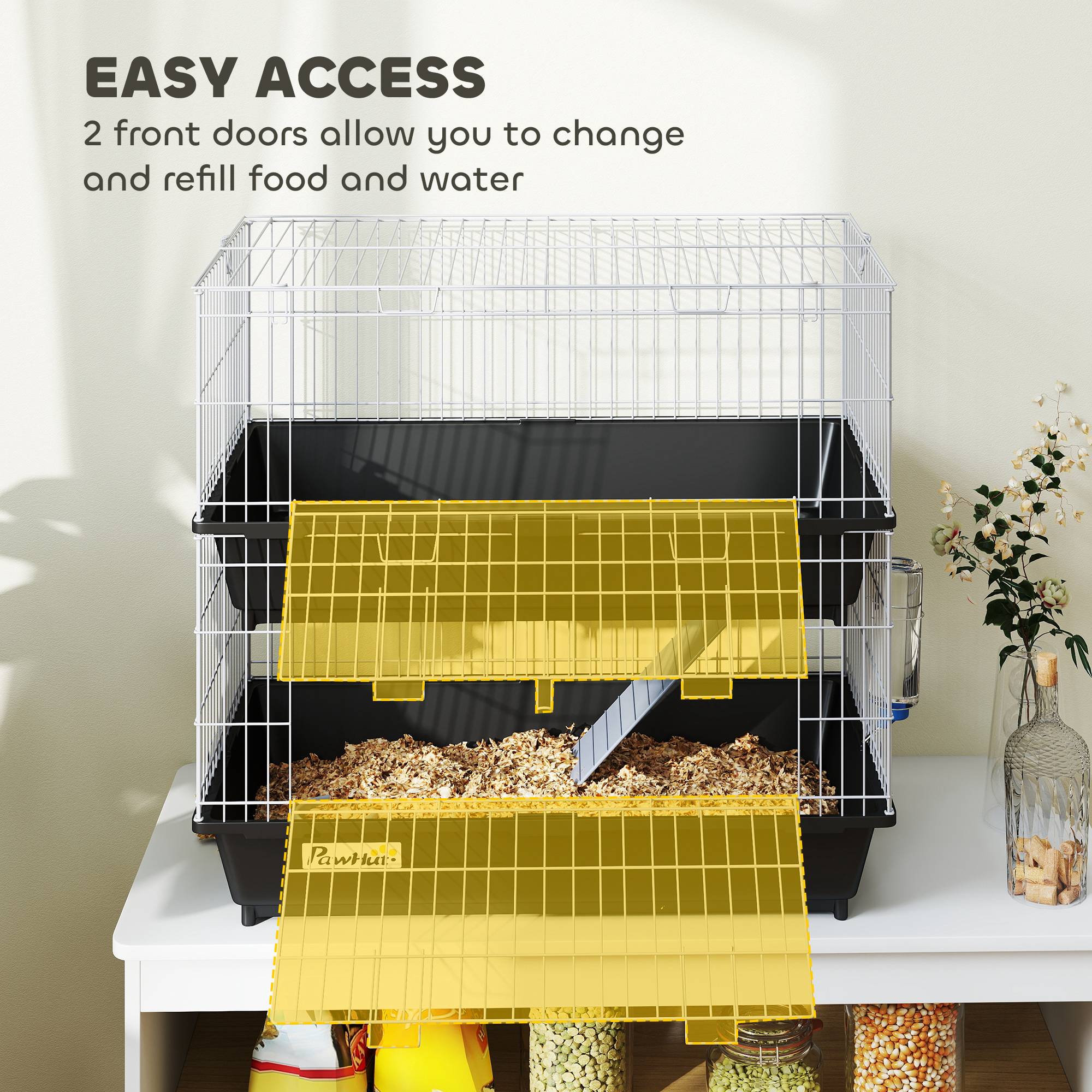 2-Tier Small Animal Cage with 2 Doors, Trays, Dish, Bottle, and Ramp for Bunny, Ferret, Chinchilla, Black — image 2