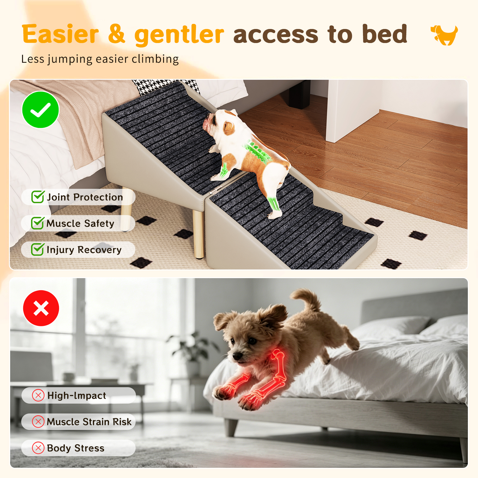 Paso para Perros para Cama y Sofá - Escaleras de Madera 2 en 1 para Perros Grandes, Medianos y Pequeños, Diseño Split con Superficie Antideslizante Gris Claro — imagen 24