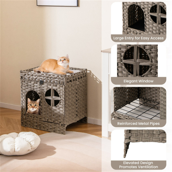 Condominio de Mimbre para Gatos de 2 Niveles con Tapete Atrapa-Arena - Mueble Ocultador de Arenero, Cojín Extraíble y Lavable, Ratán Gris — imagen 5
