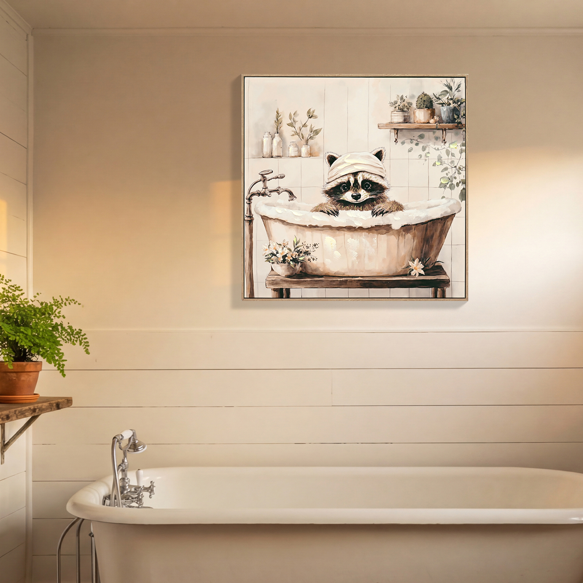Arte de Pared para Baño con Mapache en Bañera - Pintura Humorística de Animales Negros y Blancos para Decoración de Baño, 24x24 Pulgadas — imagen 1