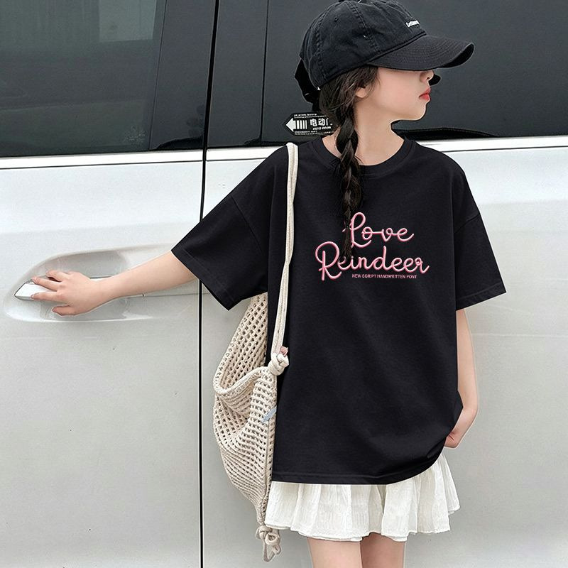 Girls' Short Sleeve T-Shirt Children's Medium to Large Size Elementary School Kids Cute Cat Print Top T-Shirt — image 4