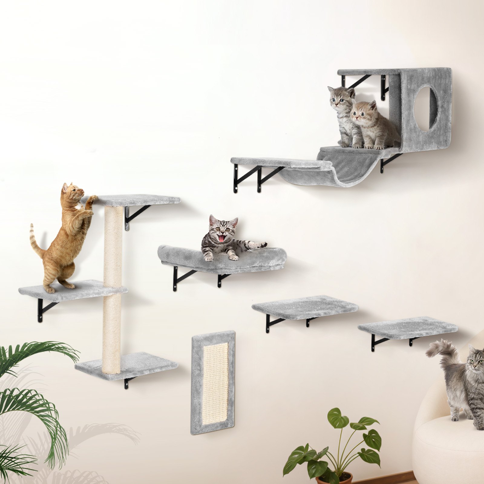 Wall Mounted Cat Shelves Tree With Jump Boards Hammock Sofa Grip Set Of 6 — image 1
