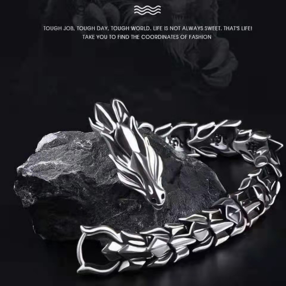 925 Silver-Plated Retro Dragon Head Keel Bracelet Hip-Hop Domineering Exaggerated Punk Hand Jewelry — image 2