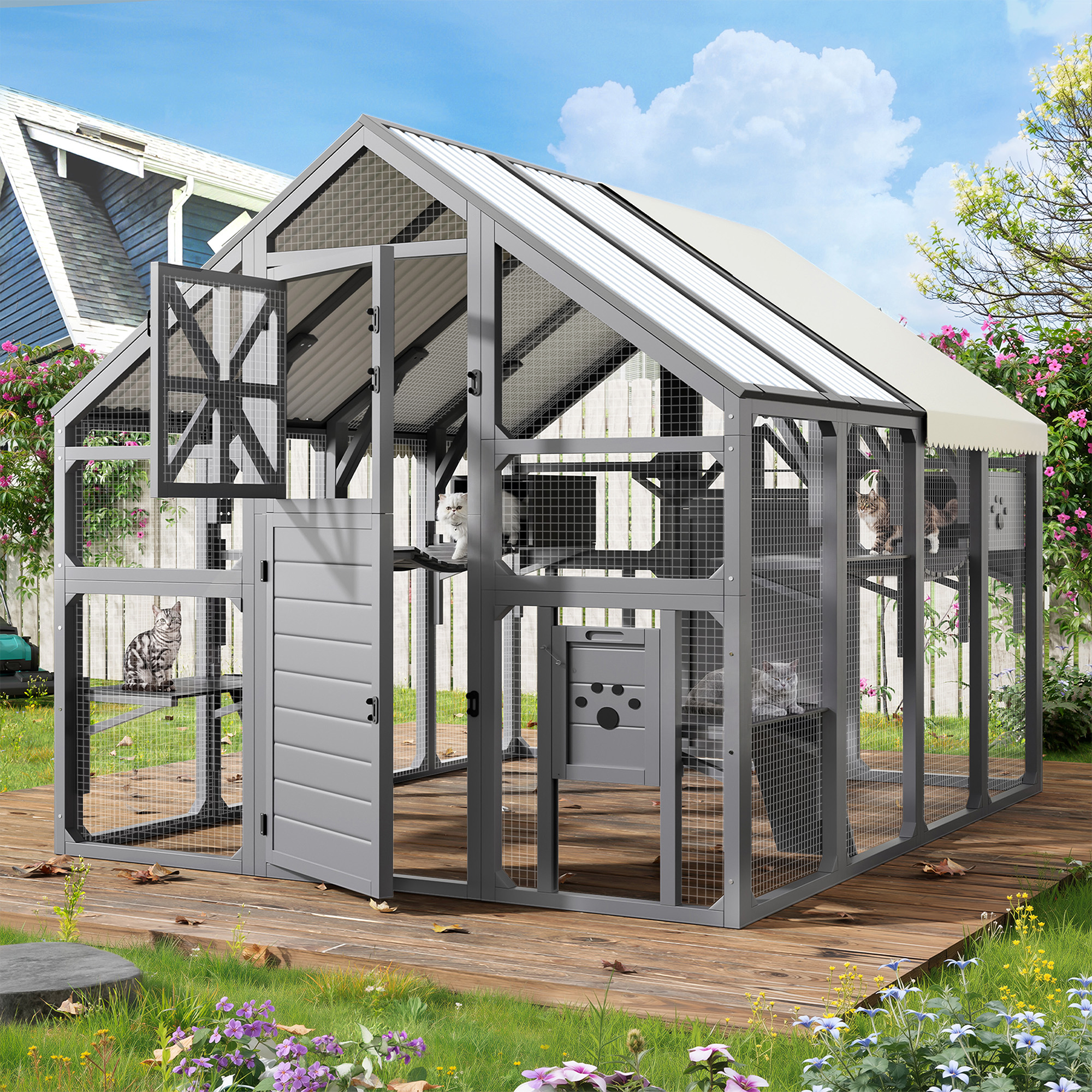 Extra Large Catio Outdoor Cat Enclosure, Walk-in Outdoor Pet House For Multiple Cats, Catio Cat Run Cage With Bridges, PVC Roof, Weatherproof Cover, 8 Platforms, 2 Resting Box, Grey — image 5