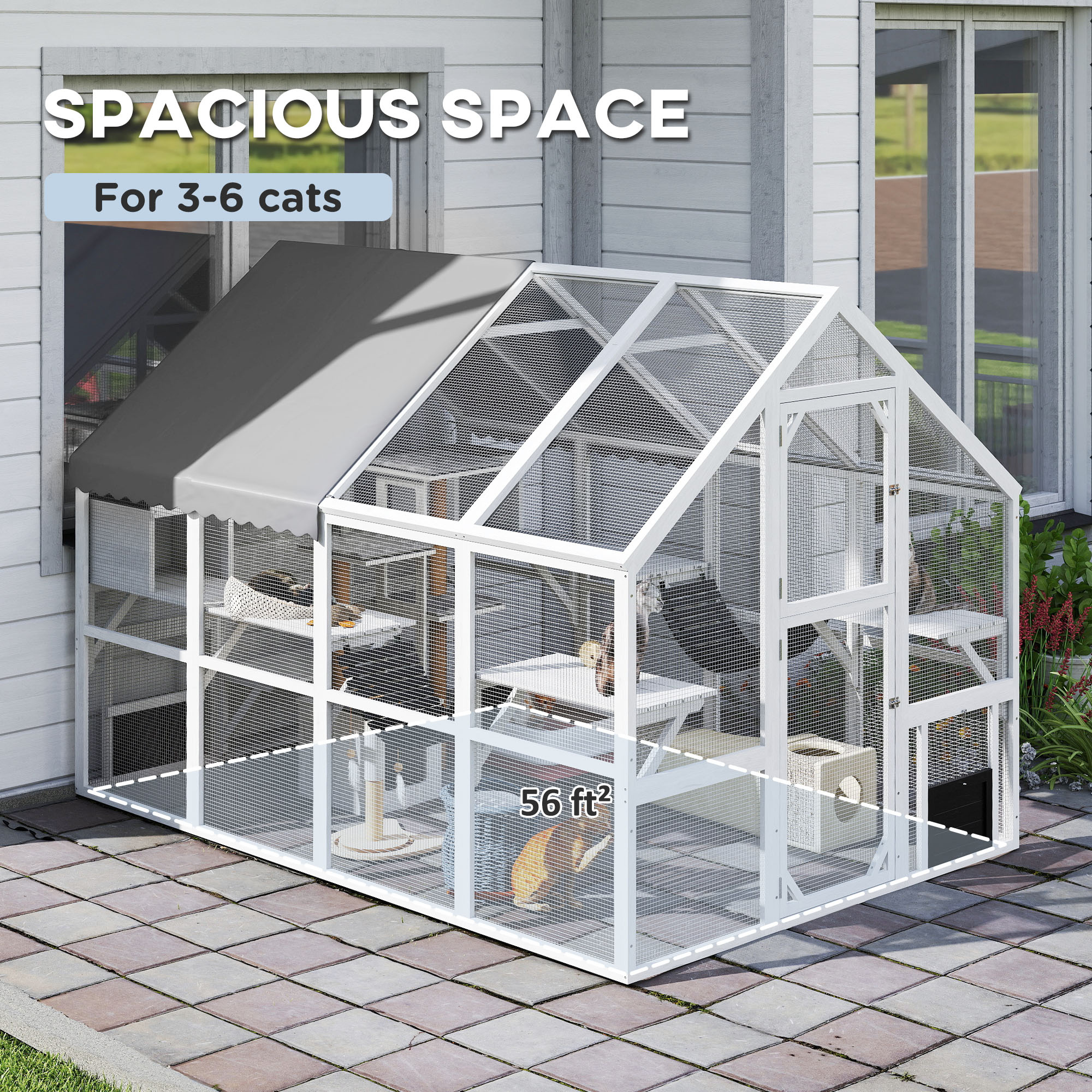 Wooden Catio Outdoor Cat Enclosure with Waterproof Cover, 2 Condos, 6 Platforms, Bridge, Doors, White — image 4