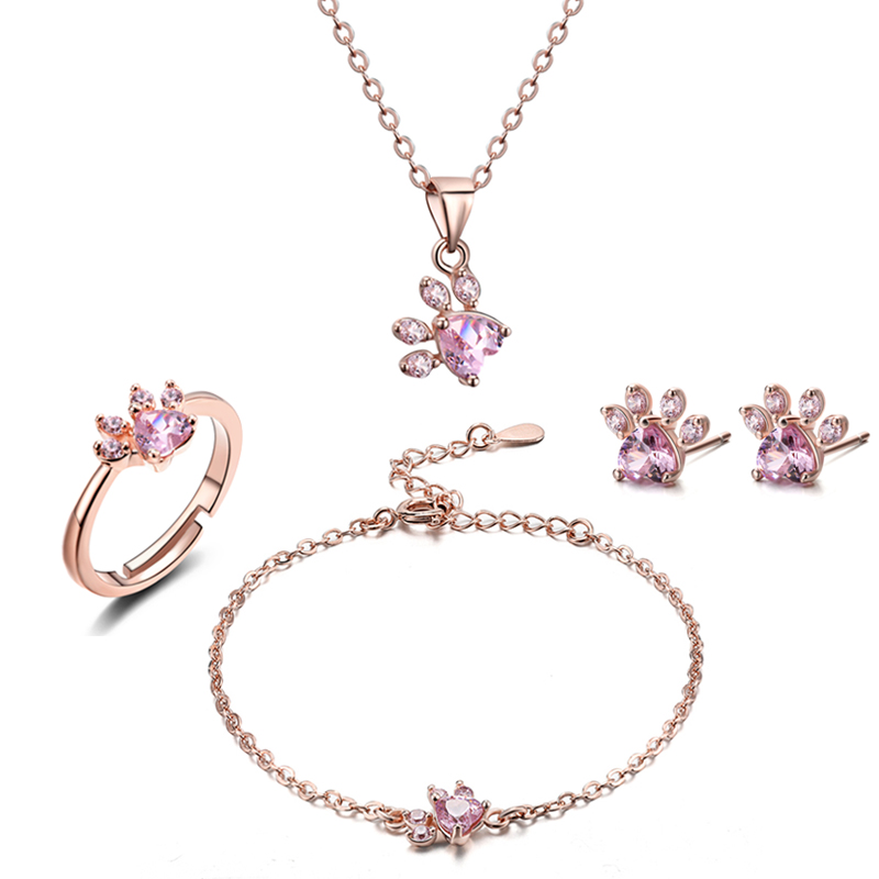 4 Piezas Anillo de Huellita de Gato, Oso y Perro para Mujer, Set de Joyería con Piedra CZ Blanca, Anillos, Collar, Pulsera y Aretes en Plata y Oro — imagen 1