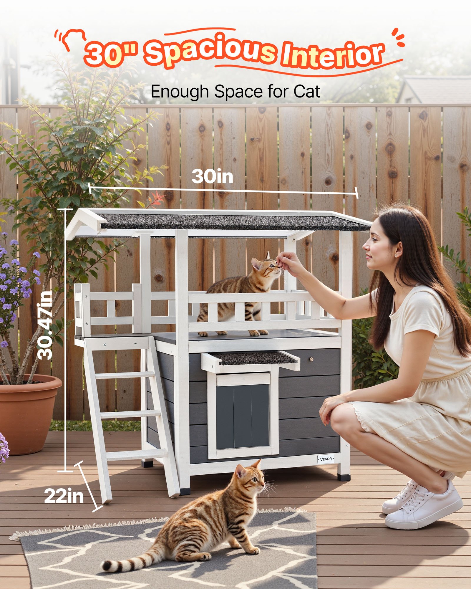 Casa de Gatos al Aire Libre, 2 Niveles, Refugio de Madera para Gatos Ferales con Escaleras y Balcón, Almacén Elevado para Gatos Domésticos e Indomesticados en Invierno, 30 x 22 x 30 Pulgadas — imagen 3