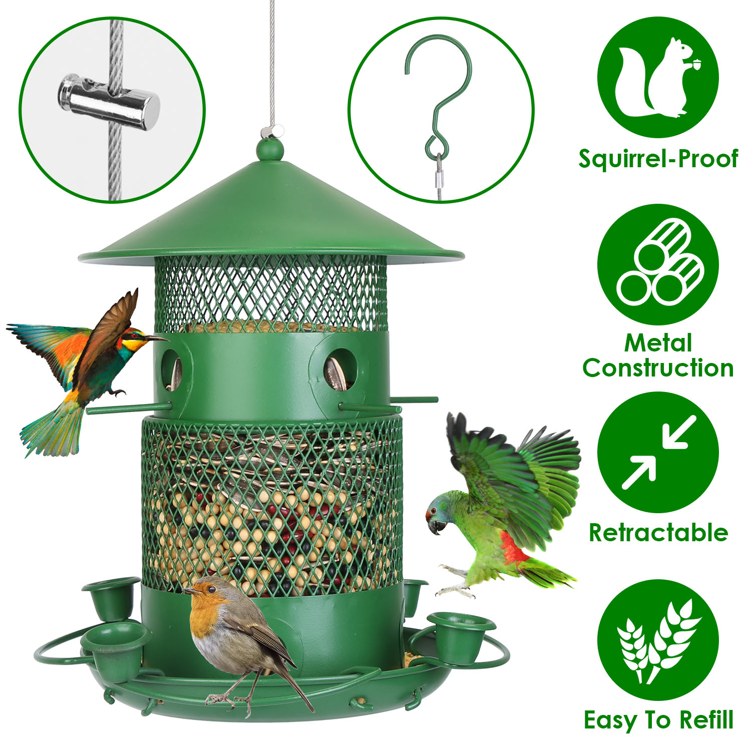 Comedor de Pájaros Silvestres Prueba de Ardillas Resistente al Mordisco Metalúrgico Comedor de Semillas para Jardín Patio Exterior con Perchas Circulares 360° Tazas de Agua para Primavera Verano — imagen 7