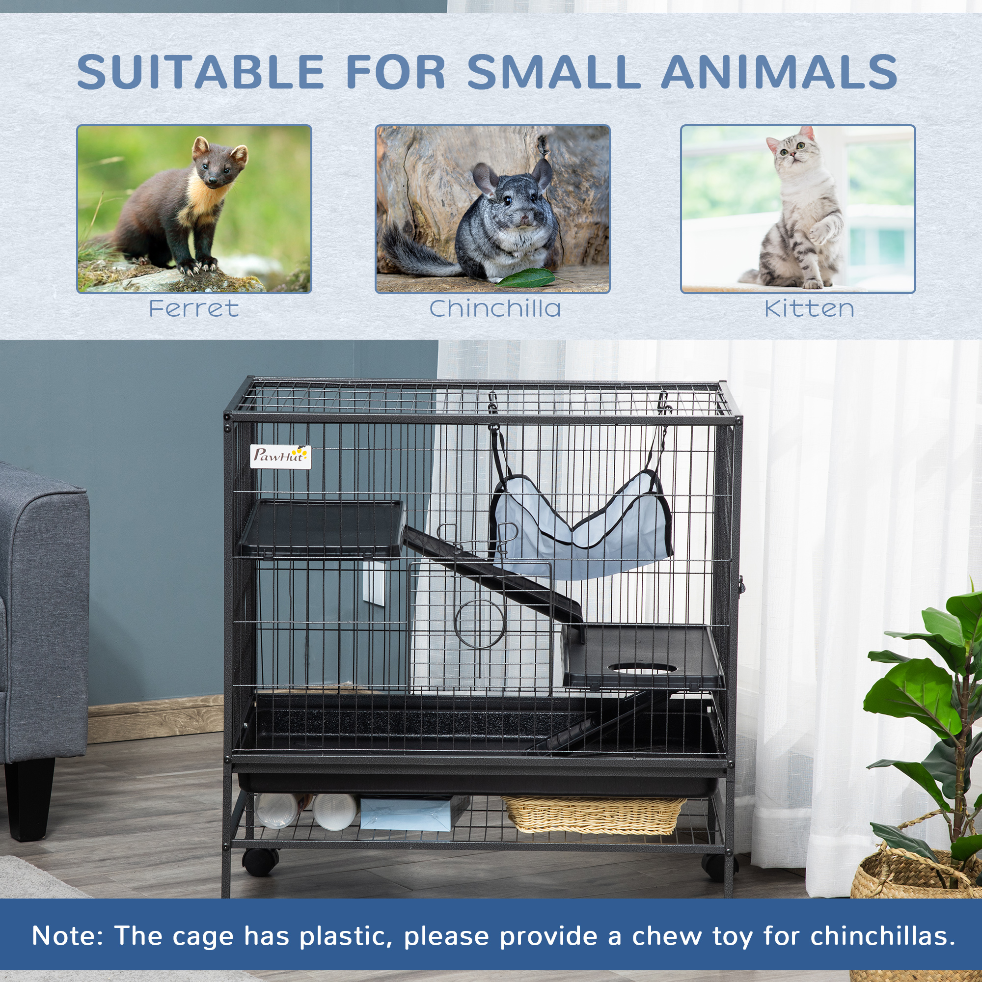 Small Animal Cage With Wheels, Pet Playpen For Rat, Syrian Hamster, Kitten, Ferrets, Chinchillas With Bottom Storage Shelf, Removable Tray, Ramp, 31.5" X 20.5" X 33.1" — imagen 2