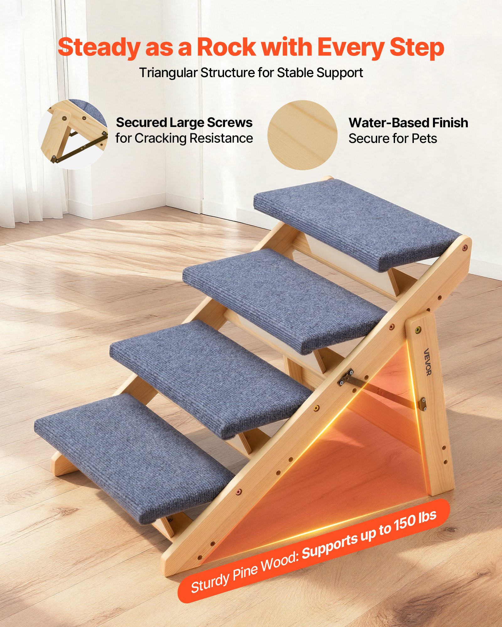 Escaleras de Madera para Mascotas, 4 Pasos - Acceso Seguro para Cama, Sofá y Coche, Capacidad 150 lb, Diseño Pliegue, Estable y Rígido para Perros y Gatos Pequeños a Grandes — imagen 3