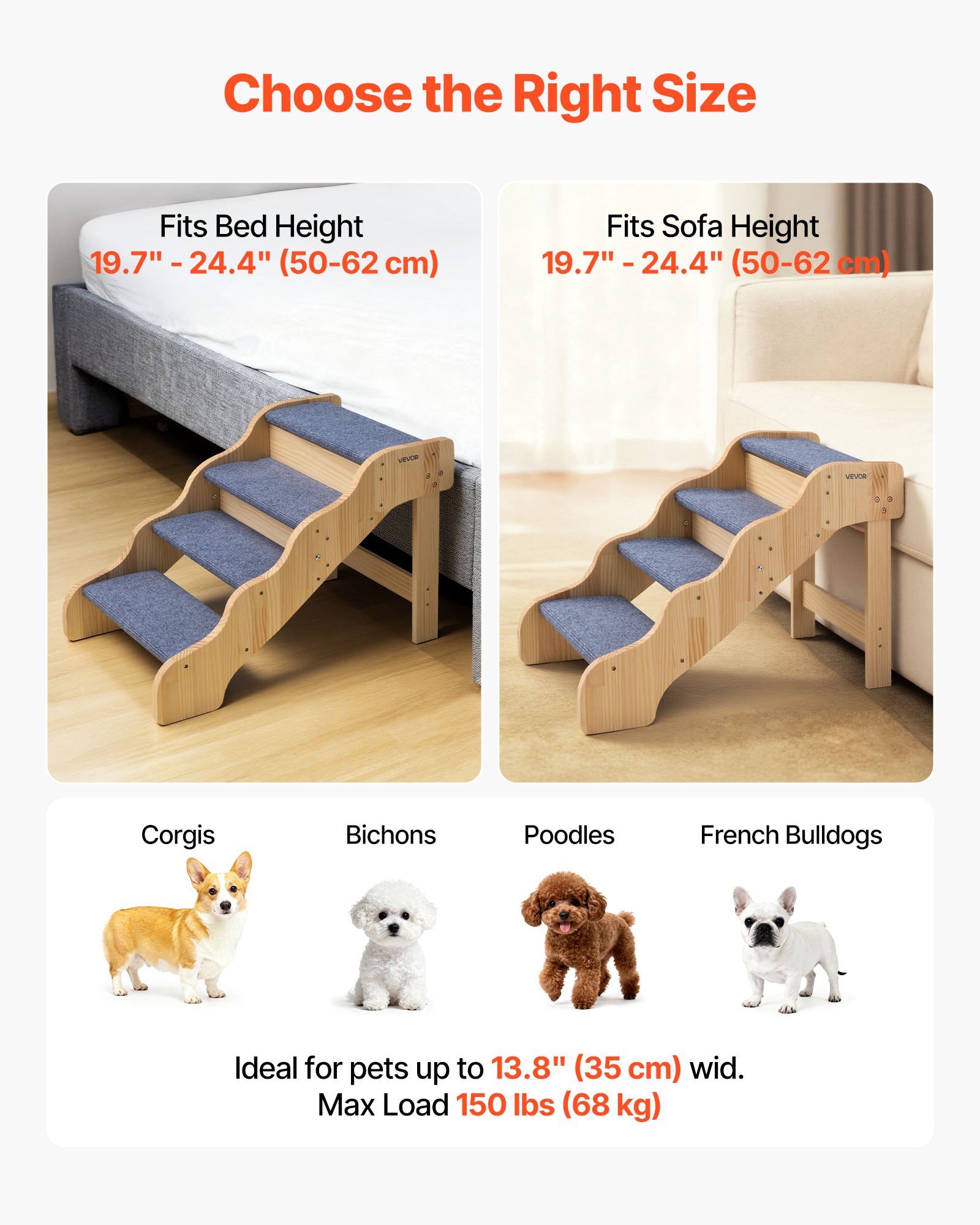 Escaleras de Madera para Mascotas, 4 Peldaños para Camas Altas, Sofás y Coches, Capacidad de Carga 150lbs, Superficie Antideslizante, Escalera Segura para Gatos y Perros Pequeños, Medianos y Grandes — imagen 2