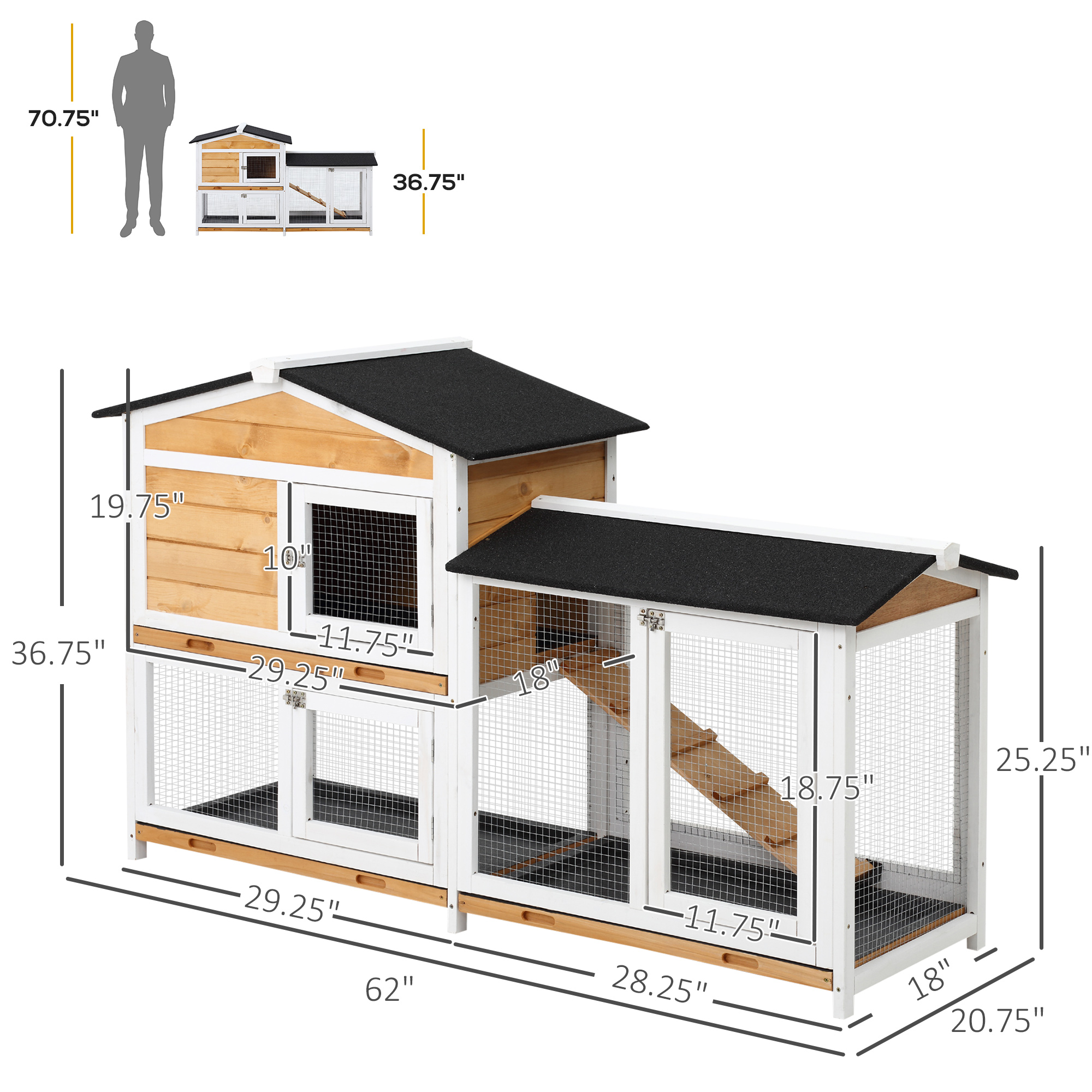 62" Rabbit Hutch, Wooden Bunny Hutch, Guinea Pig Cage, Small Animal Enclosure With Run Area, Removable Tray, Asphalt Roof, Lockable Doors And Ramp, For Rabbits, Chickens, Ducks, Nature Wood — imagen 5