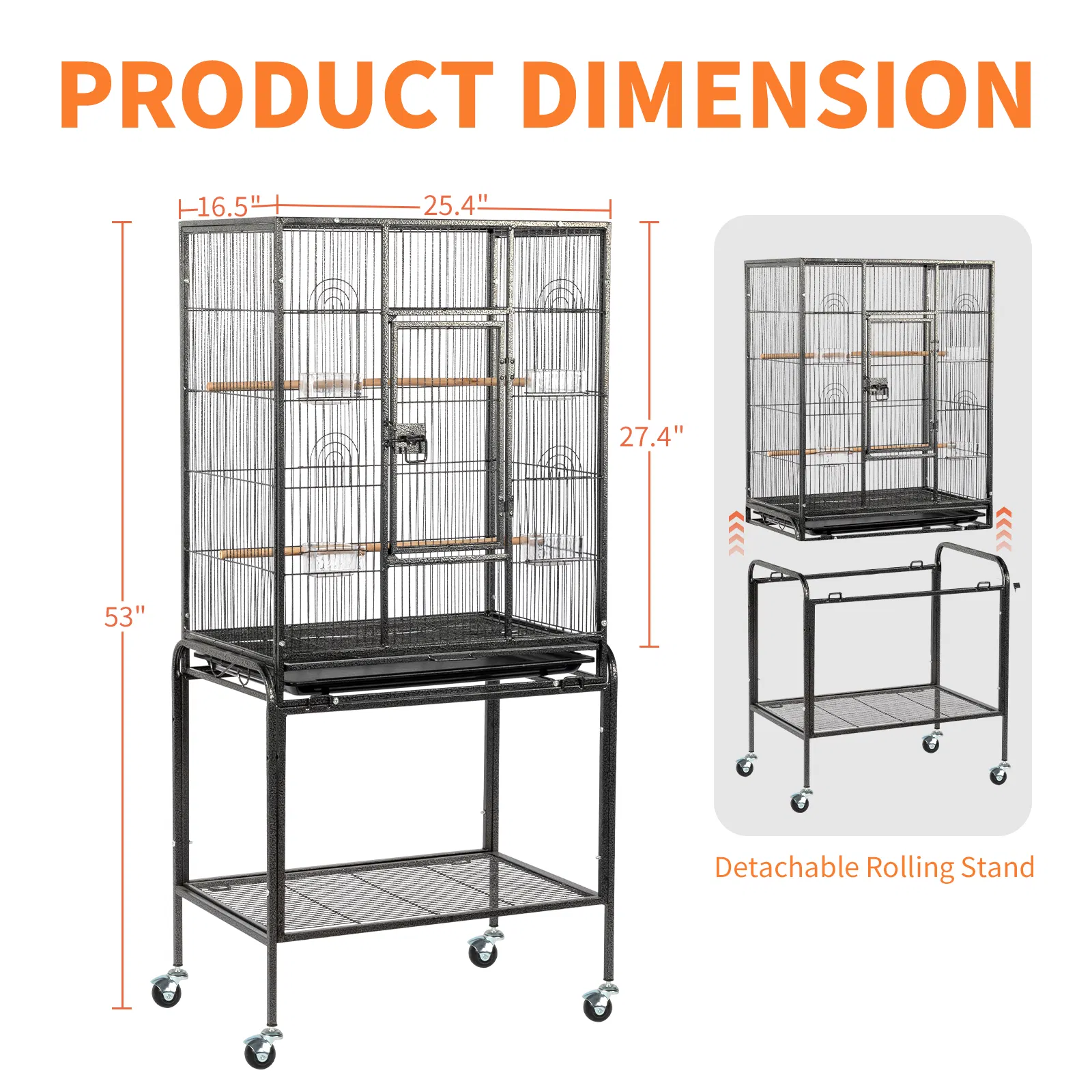 53" Large Flight Bird Cage with Rolling Stand & Storage Shelf for Parrots Lovebird Cockatiel Parakeets, Black — image 6
