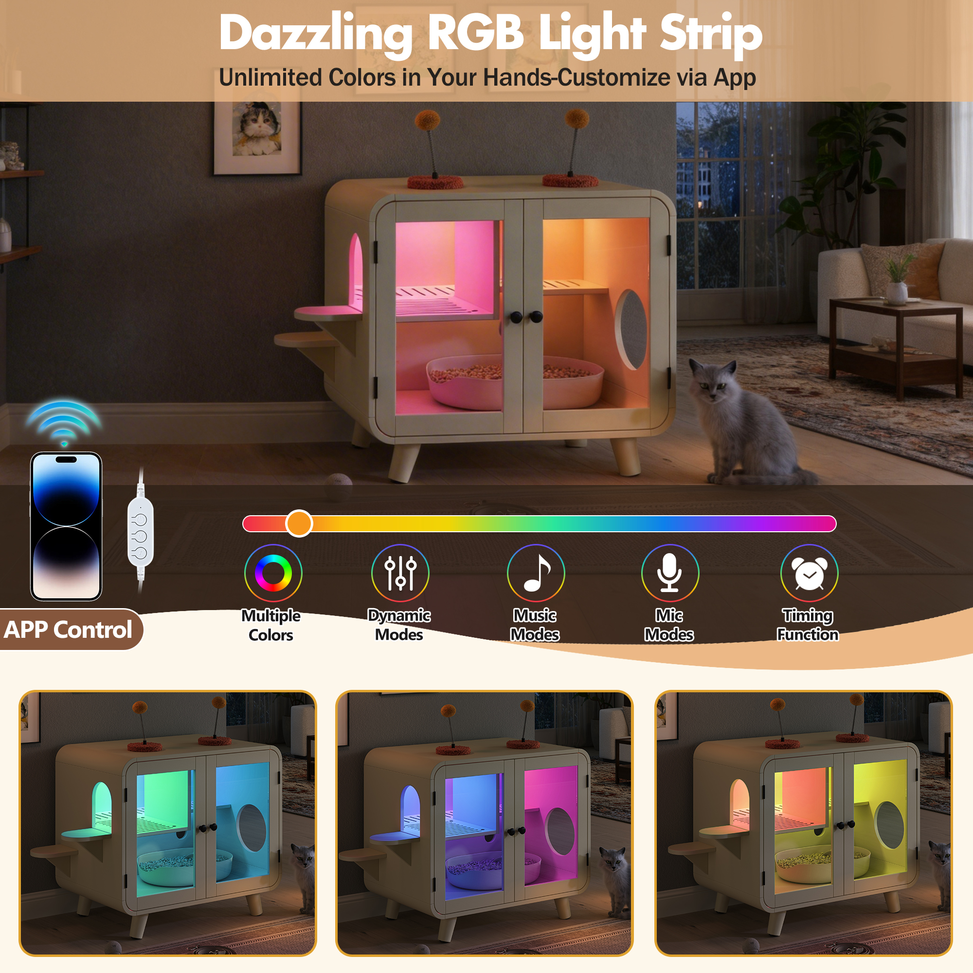 Cat Hidden Litter Box Enclosure With RGB LED Light, Cat House With Stairs And Cat Pom-pom Toys For Fun, Cat Washroom Cabinet With Litter Leak Walkway And Glass Doors For Better View, Beige — imagen 2