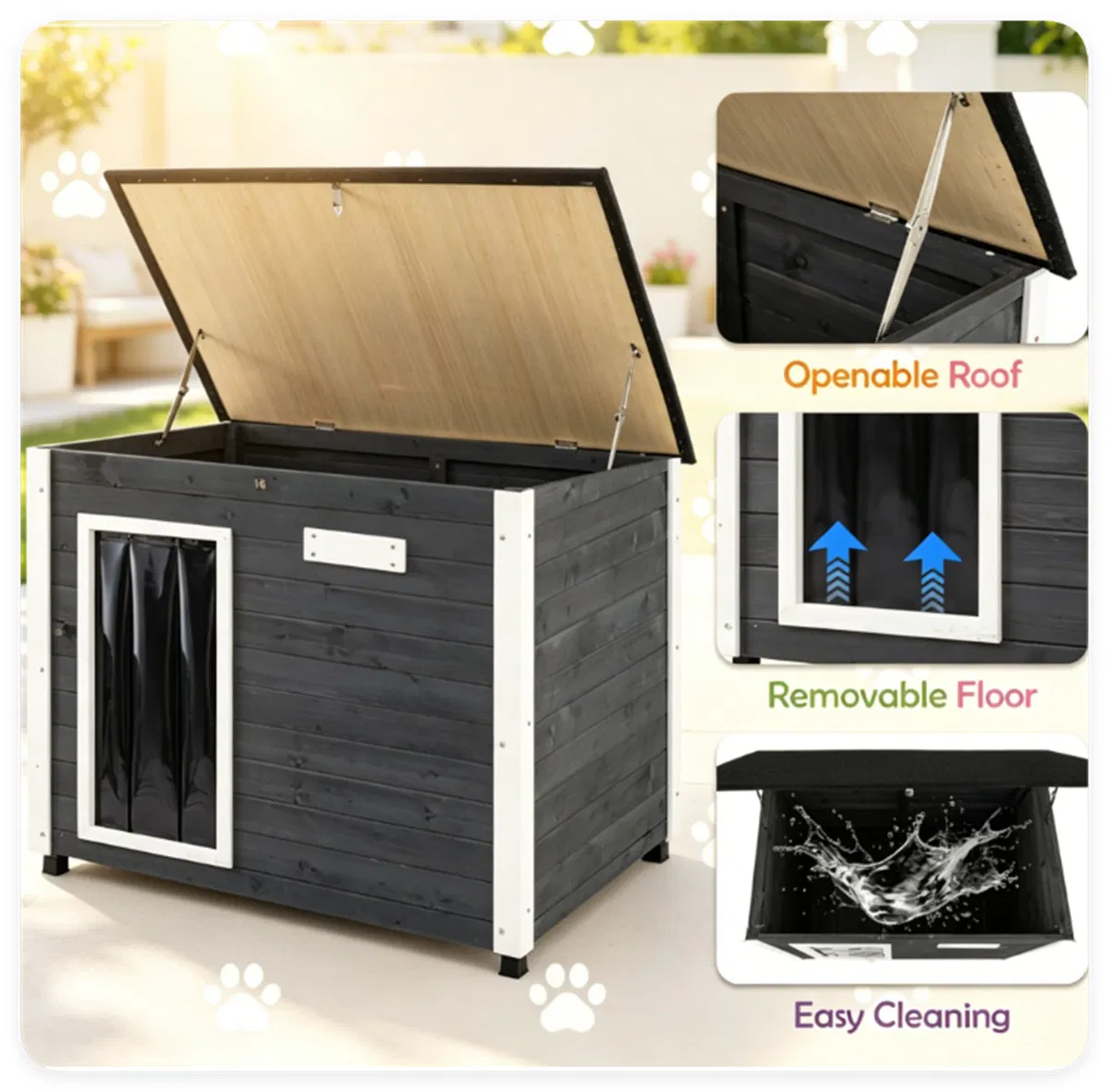 42.5" x 27" x 33.5" Outdoor Dog House with Sloped Asphalt Roof, Elevated Floor & Openable Roof Weatherproof Pet Kennel with PVC Door Curtain for Medium Large Dogs Gray — image 3