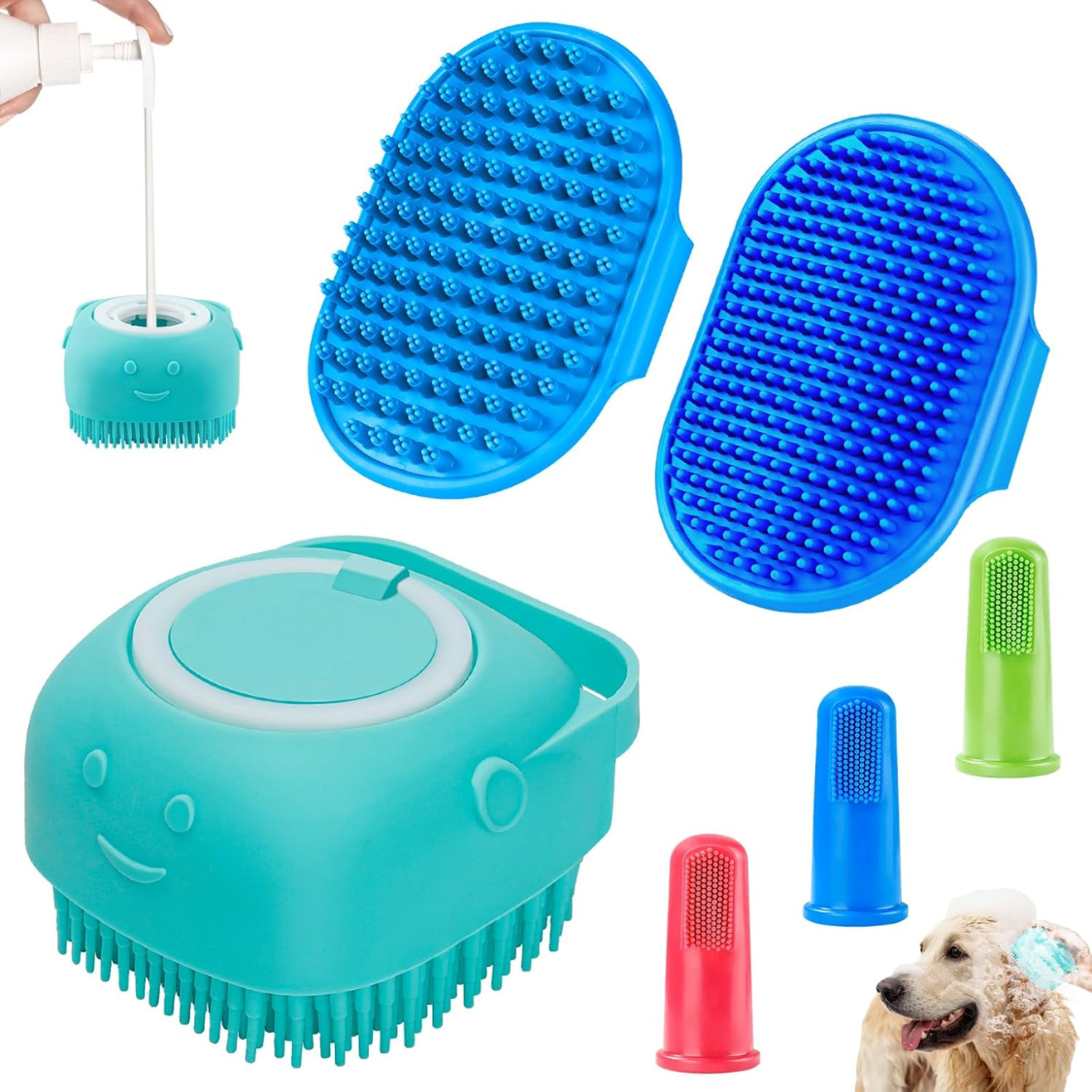 Set de 6 Piezas: Cepillo de Baño para Perros, Cepillo de Dientes, Cepillo de Mango Ajustable para Champú y Estropajo, para Perros y Gatos de Pelo Corto y Largo, Elimina Eficazmente Olores y Manchas — imagen 1