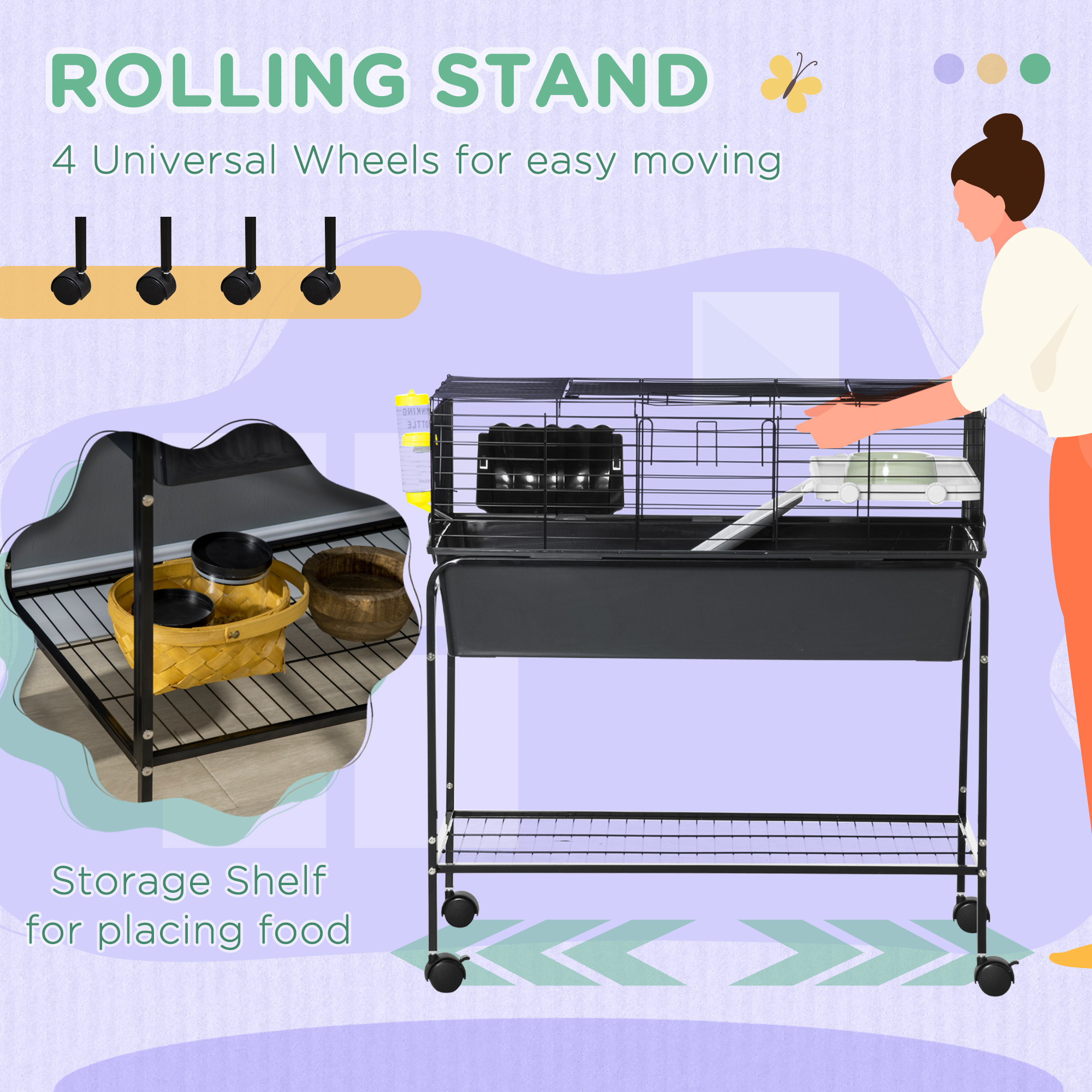 Two-Story Small Animal Cage Removable from Stand, Pet Habitat with Shelf & Wheels, 33" x 18.5" x 35", Charcoal Gray — imagen 2