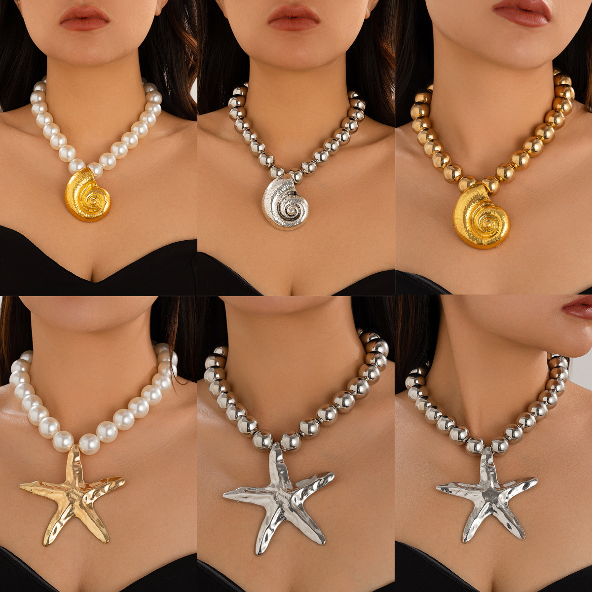 Collar de Pendiente Mermaid Concha Marina Grande para Mujer - Cuello con Estrellas y Conchas Imitación — imagen 1